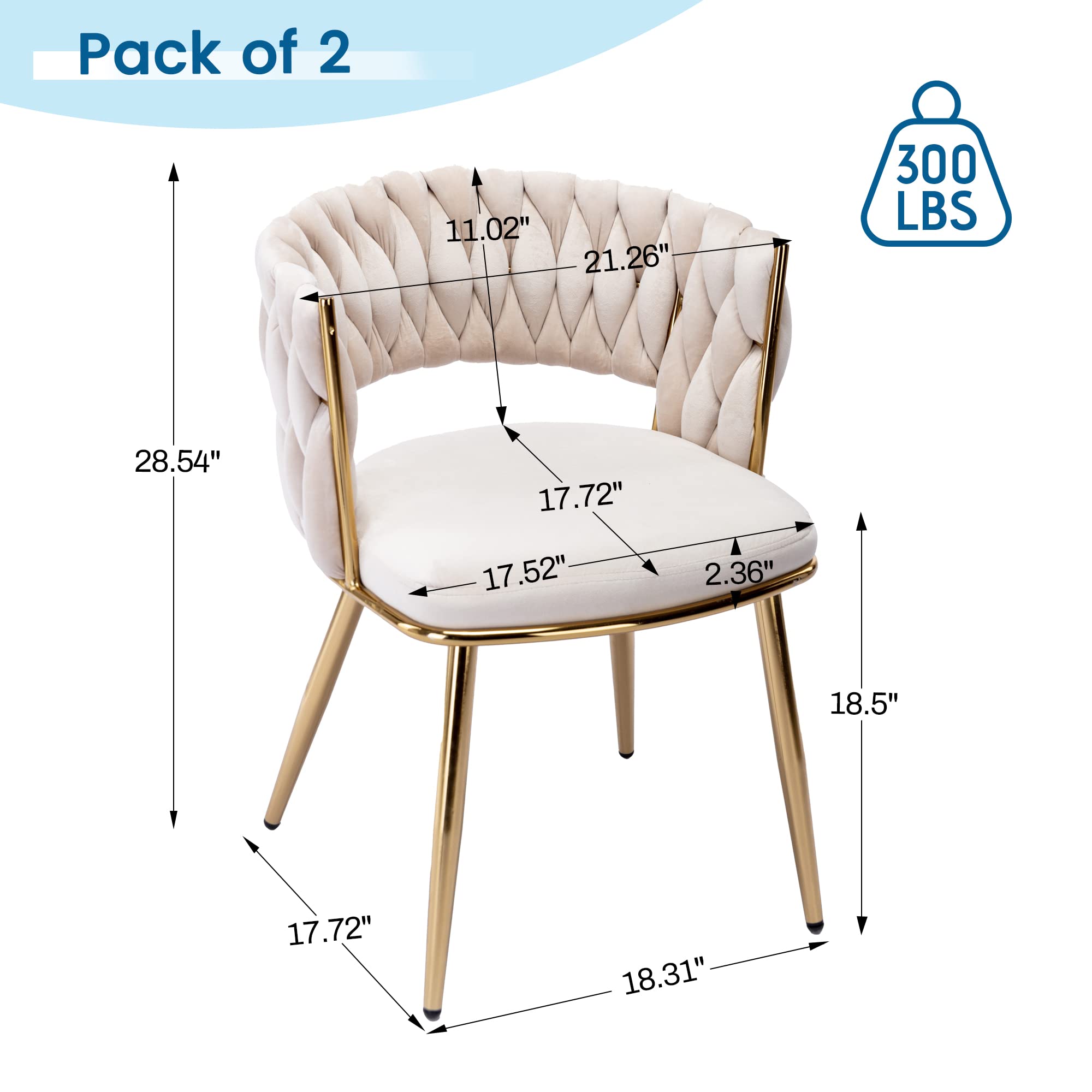 KCC Modern Velvet Dining Chairs Set of 4 - Upholstered Living Room Chairs with Woven Back & Gold Metal Legs - Mid Century Accent Side Chairs for Dining Room, Kitchen, Office - Soft Beige Velvet Fabric - Perfect for Home Decor, Entertaining Guests & Comfortable Seating
