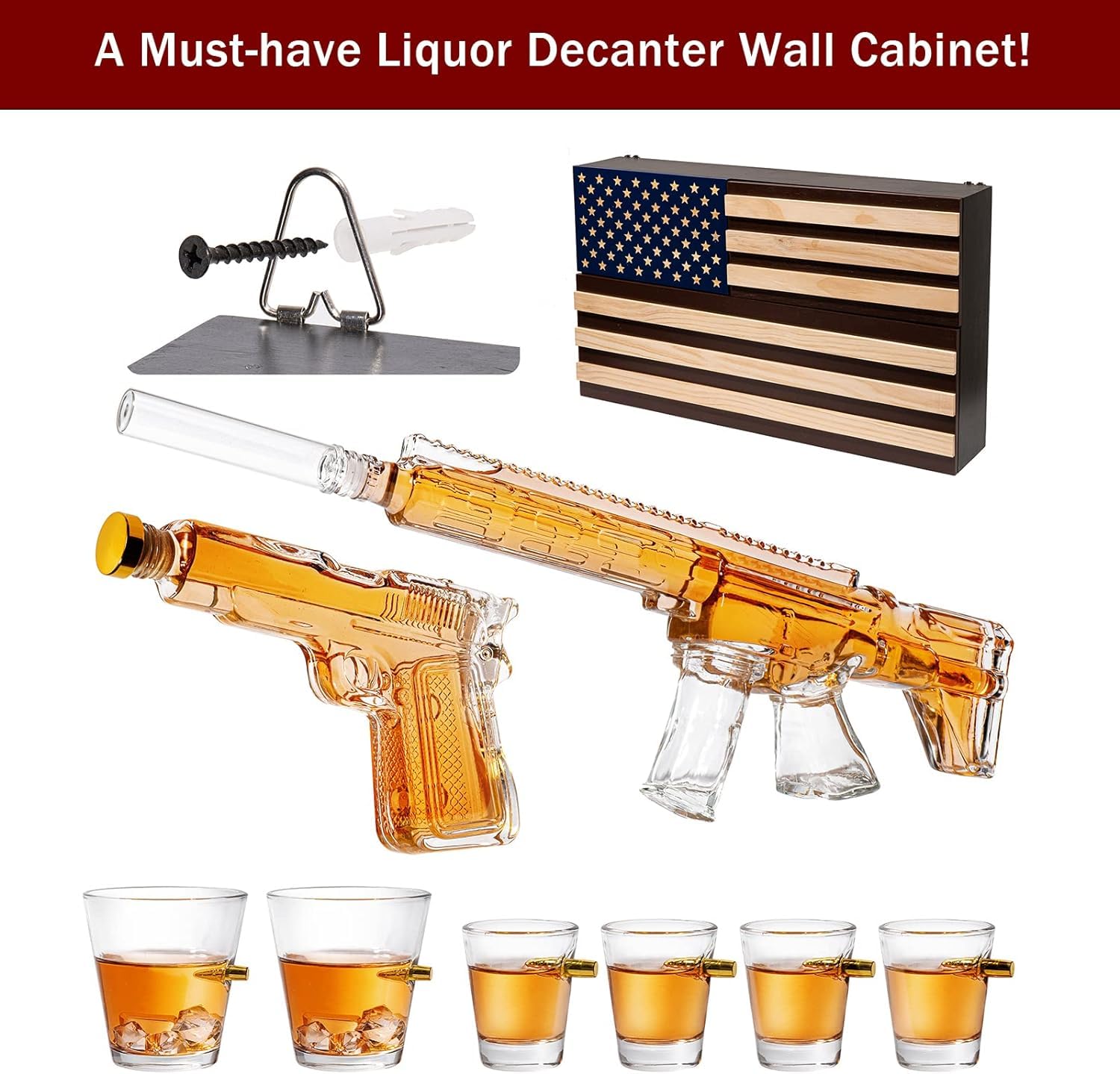 AR15 Whiskey Gun Decanter Set with American Flag - 1000ml Rifle & Pistol Liquor Dispenser, Bullet Shot Glasses & Hanging Storage Gift Box - Perfect for Army, Navy, Marine Veterans & Gun Lovers - Great for Man Cave, Hunting Cabin, Military Themed Parties & Patriotic Home Decor
