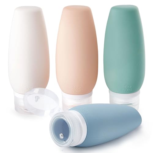4 Pack 3oz TSA Approved Leak-Proof Silicone Travel Bottles for Shampoo, Lotion & Toiletries | Squeezable Travel Size Containers | Perfect for Airplane Carry-On, Gym & Vacation Essentials