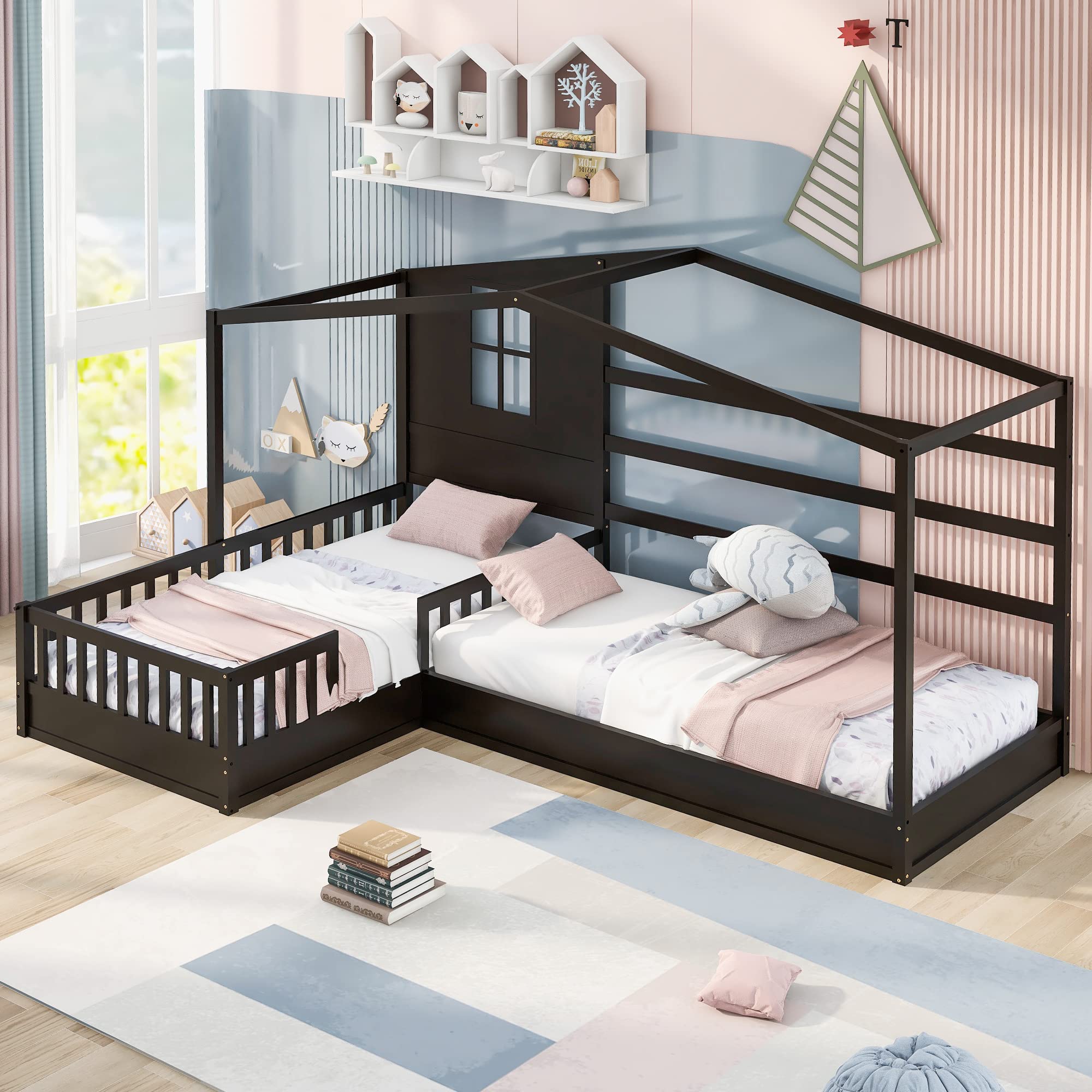 MERITLINE L-Shaped Twin Beds for Kids - Wooden Playhouse Bunk Beds with Safety Fence & Roof - Space Saving Corner Bedroom Furniture (Espresso) - Perfect for Siblings Sharing Room or Playroom Decor