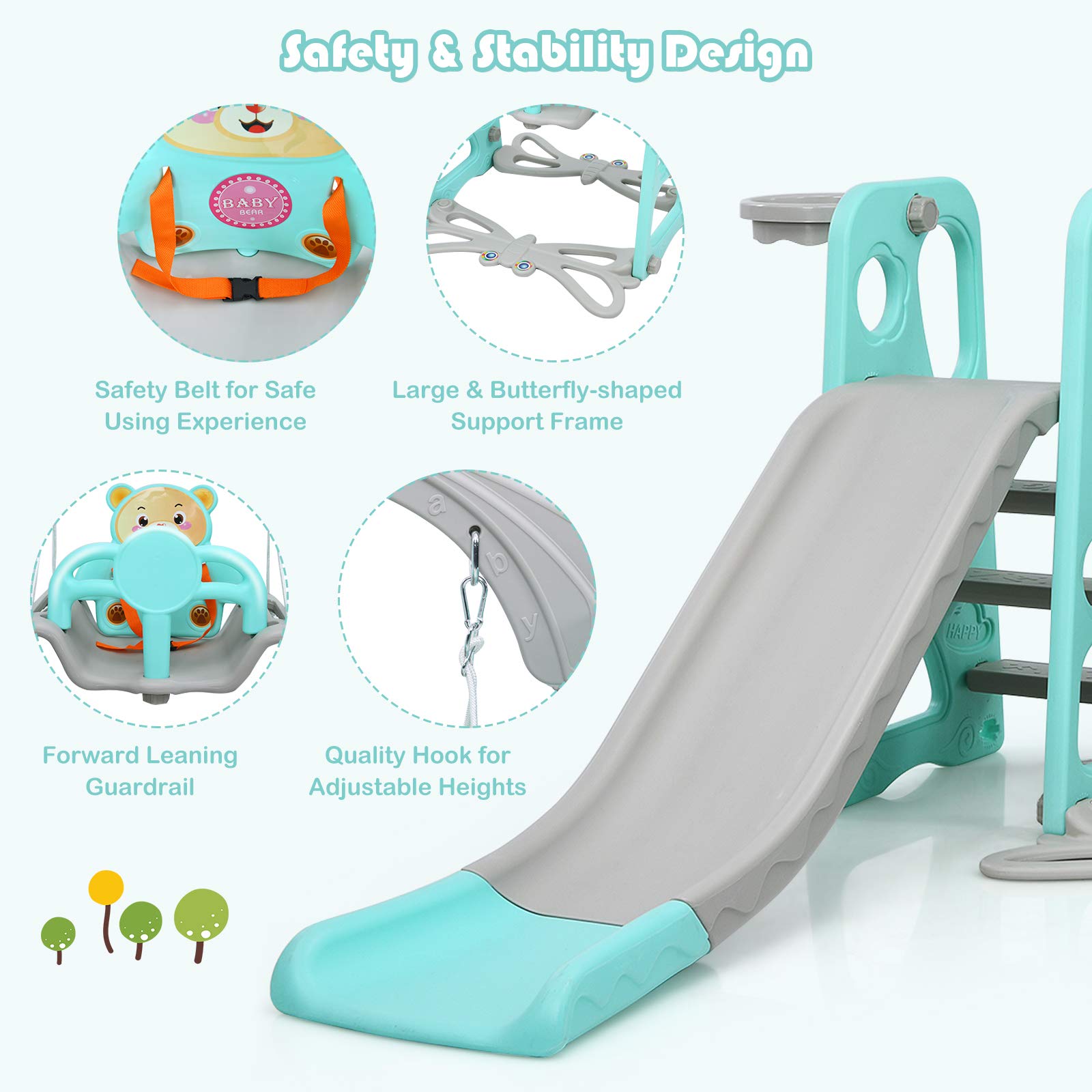 Costzon 4-in-1 Toddler Slide & Swing Set - Indoor/Outdoor Baby Playset with Slide, Swing, Climber & Basketball Hoop | Fun Playground Equipment for 1+ Year Old Girls & Boys | Perfect for Backyards, Playrooms & Birthday Gifts