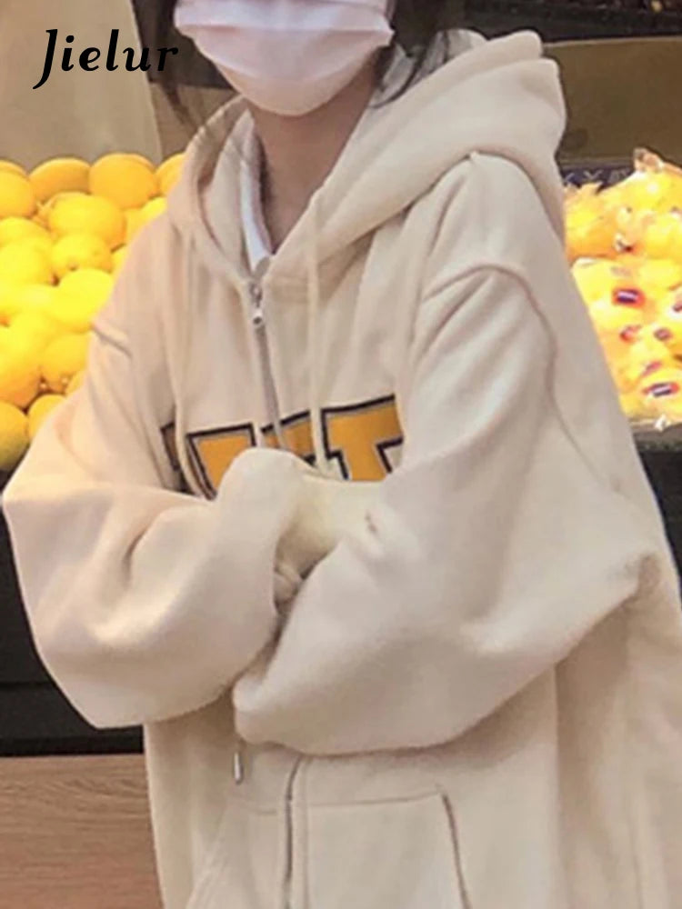 Women's Casual Zip Up Hoodie with Letter Print - Apricot Loose Fit Streetwear Sweatshirt with Pockets | Winter Fashion Basic for Everyday Wear, Gym, and Outdoor Activities