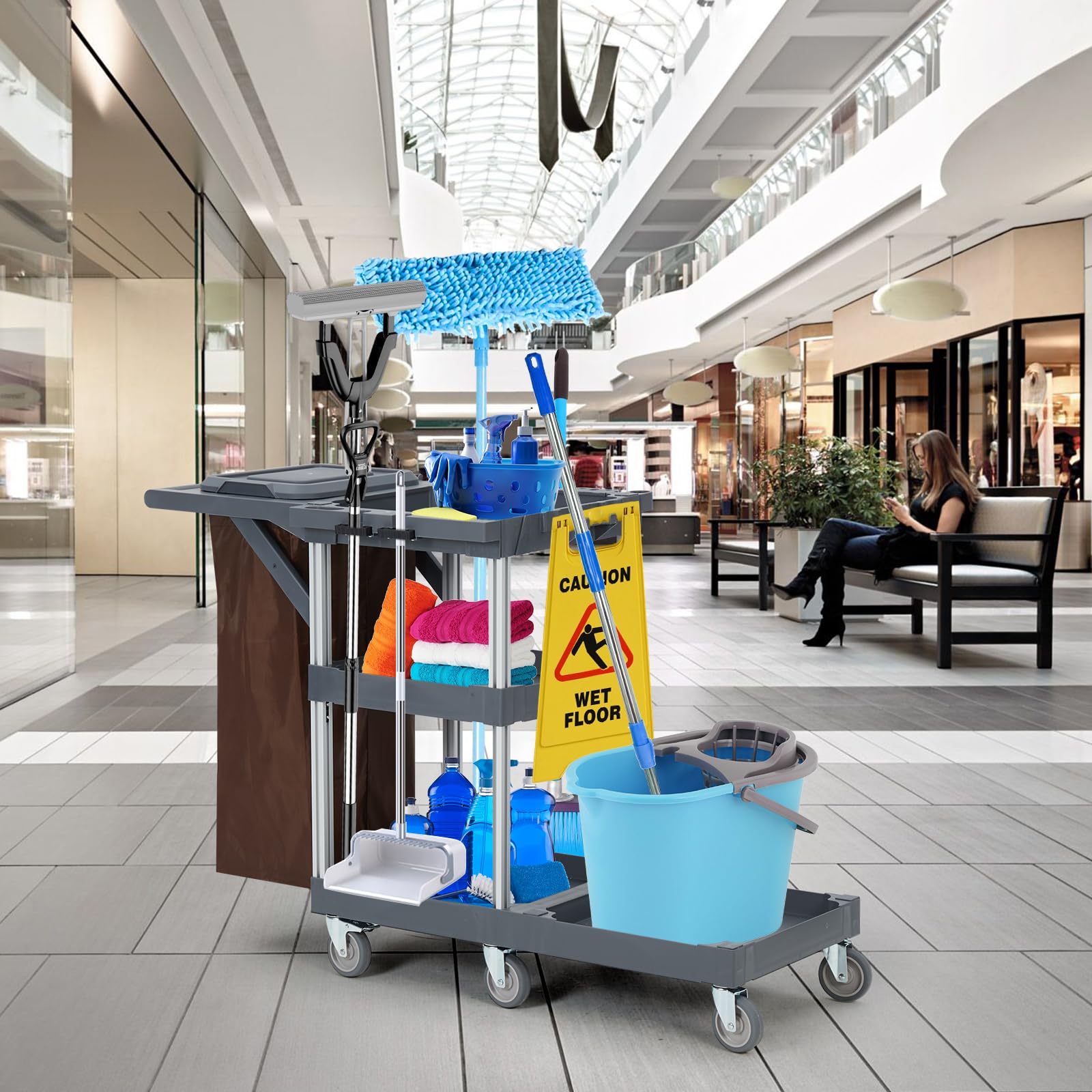 Commercial Janitorial Cleaning Cart with Wheels - Black Housekeeping Utility Cart with Cover, Shelves & Vinyl Bag | Ideal for Hotels, Hospitals & Office Cleaning