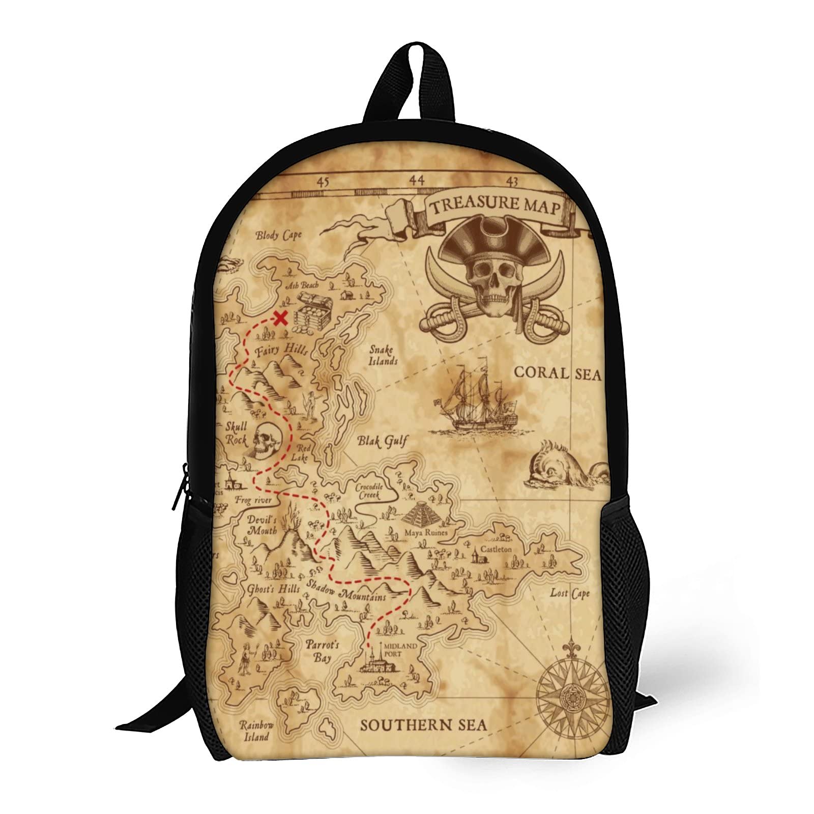 Vintage Pirate Treasure Map Backpack - Water Resistant Laptop Rucksack for Kids, Boys & Girls - 17