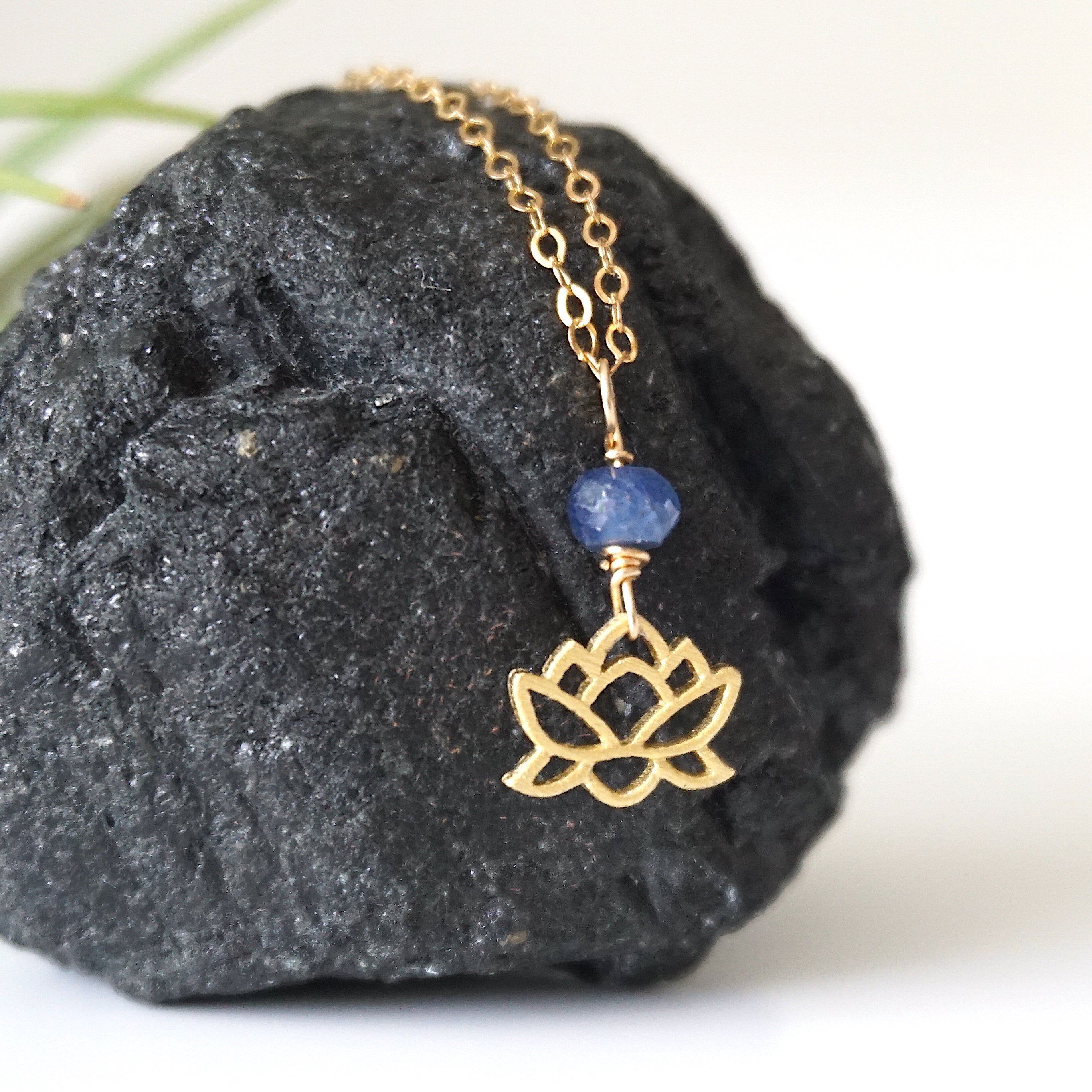 14K Gold Filled Sapphire Bead Lotus Charm Necklace for Women - Elegant Jewelry Gift for Birthday, Anniversary & Special Occasions