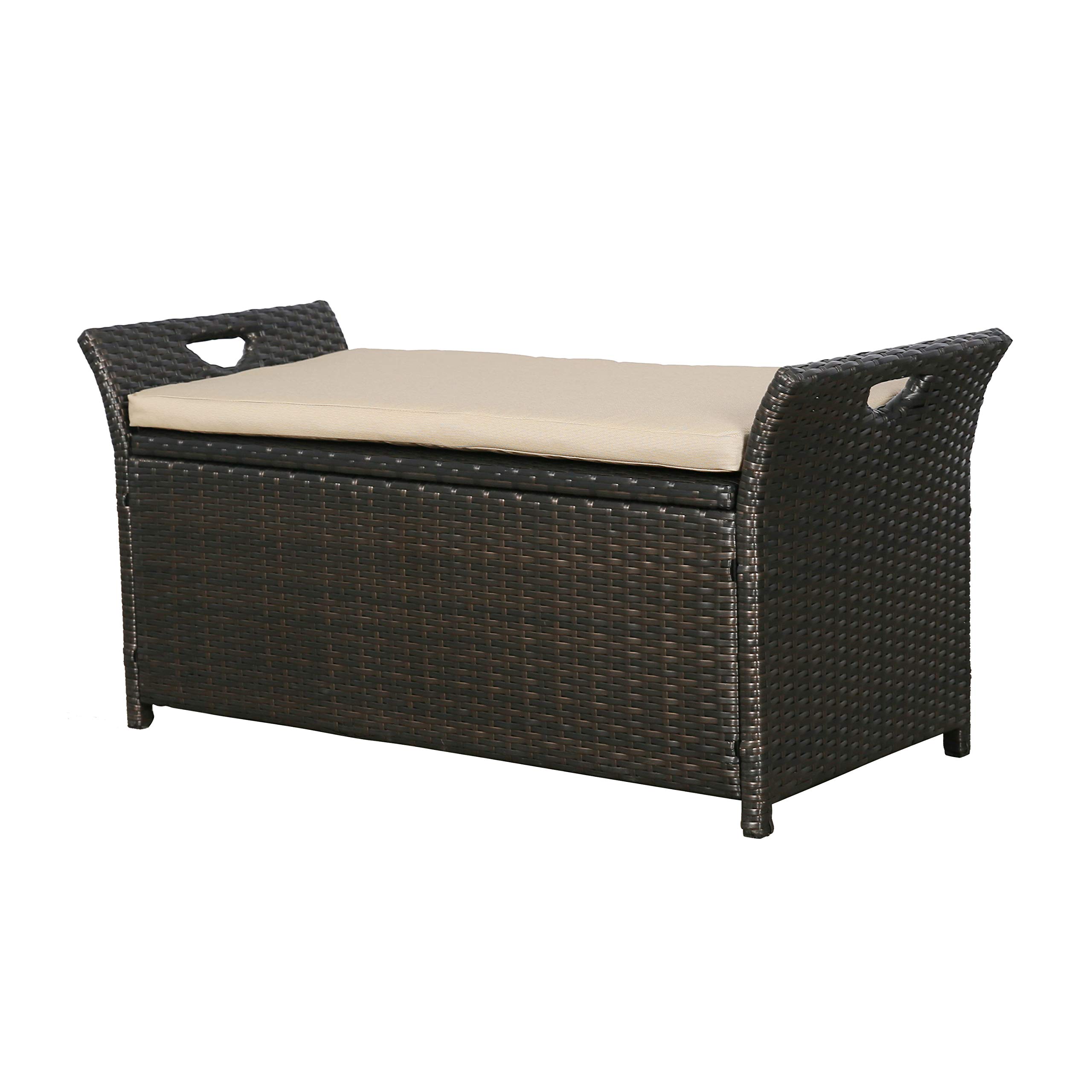 All-Weather Outdoor Patio Storage Bench - Wicker Deck Box with Weatherproof Cushion for Garden, Poolside & Backyard - Beige Waterproof Furniture for Patio Decor & Extra Seating