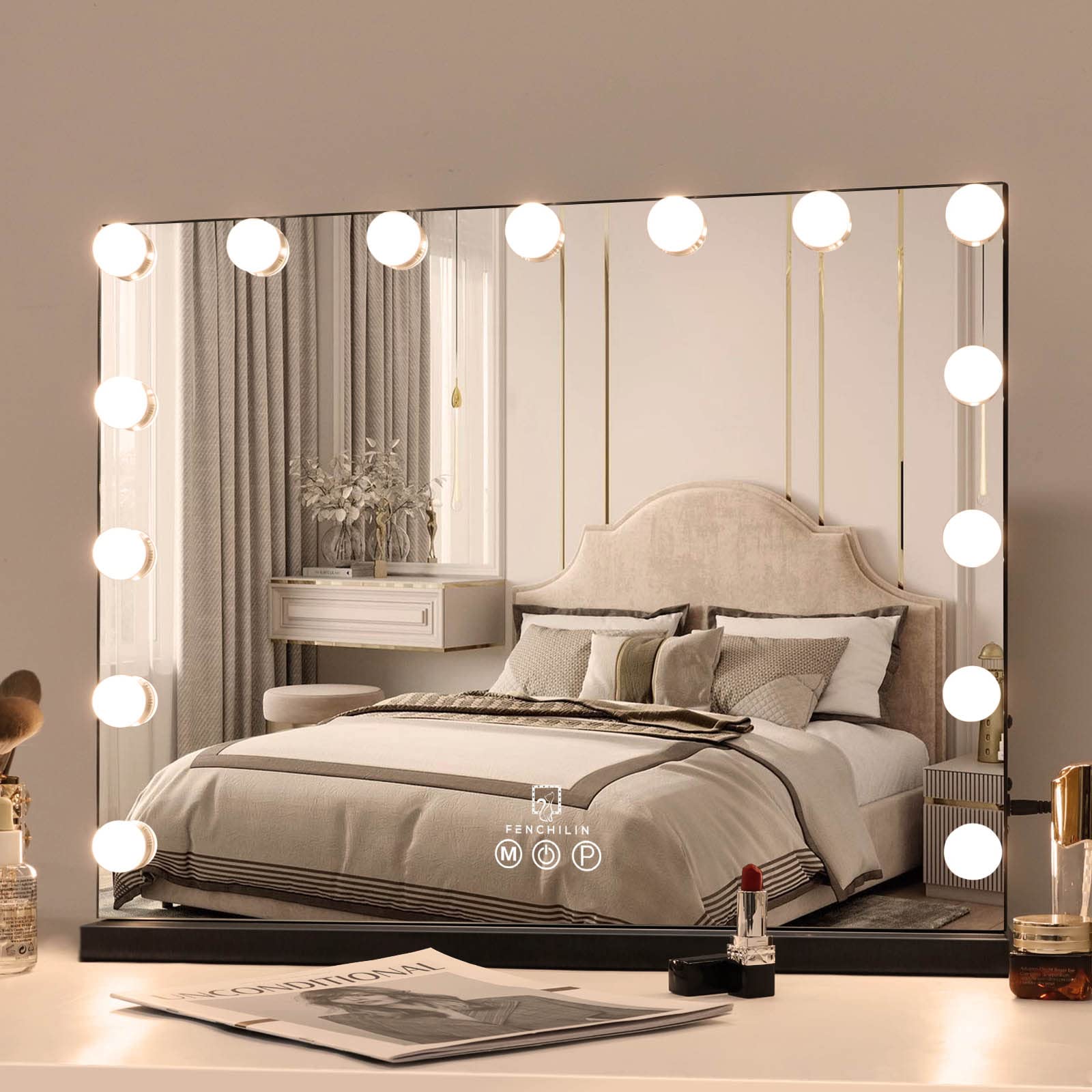 FENCHILIN Hollywood Vanity Mirror with Lights - Smart Touch Control, Dimmable LED Bulbs, Adjustable Brightness for Makeup & Skincare (Black) - Perfect for Bedroom, Bathroom & Dressing Room