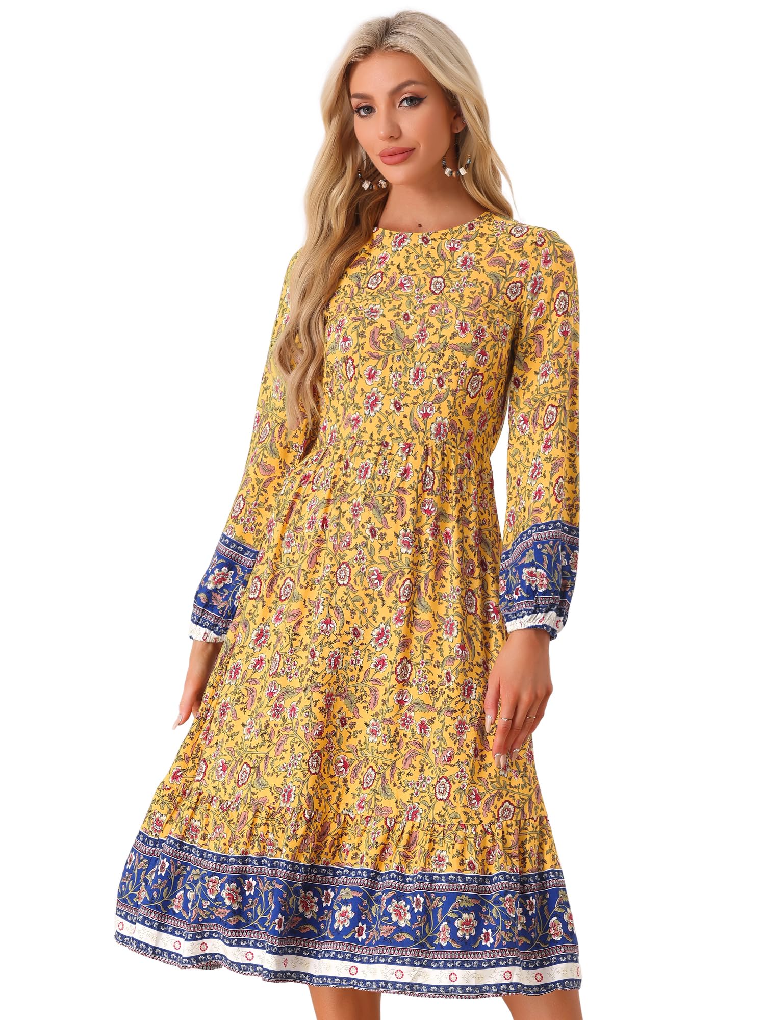 Allegra K Women's Floral Boho Midi Dress with Elastic Waist - Long Sleeve Flowy Spring Dress 2024 | Perfect for Casual Outings, Beach Vacations & Boho Chic Style