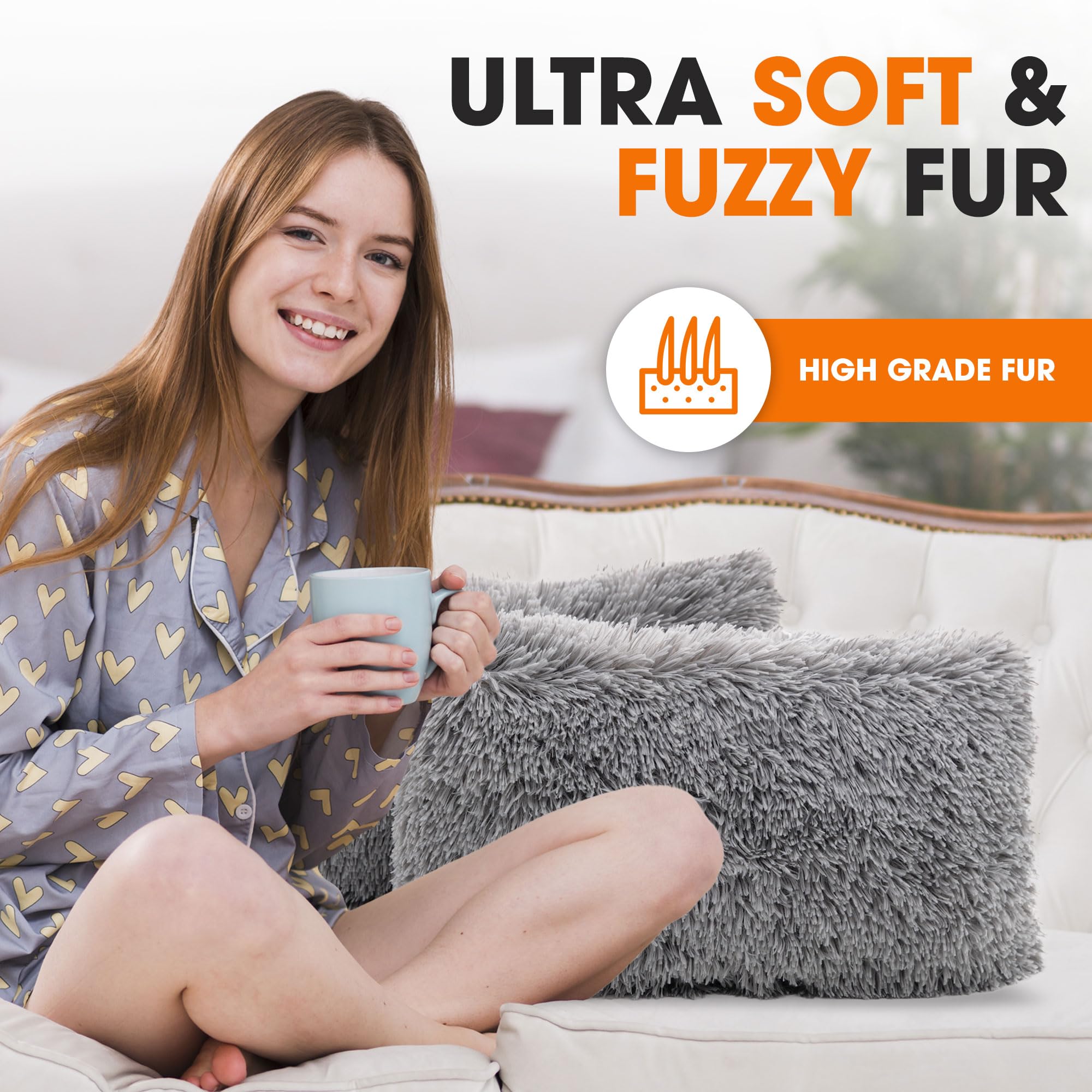 Soft Shaggy Throw Pillows for Couch & Bed - Set of 2 (12x20 Inches) with Inserts - Cozy Long Hair Faux Fur Decorative Pillows in Silver Gray - Perfect for Living Room, Bedroom & Home Decor
