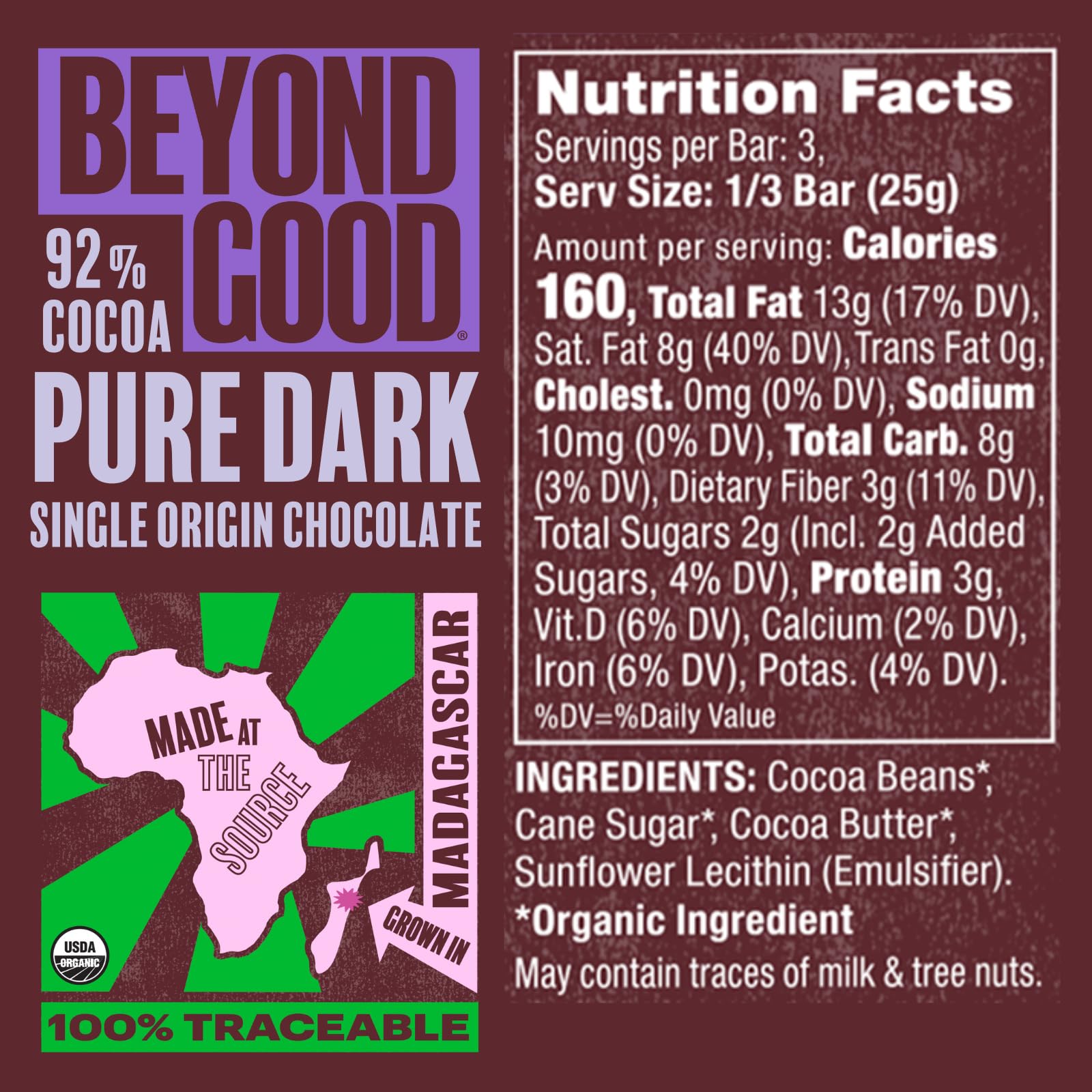 Beyond Good Organic Dark Chocolate Bars 12 Pack | Single Origin Uganda 92% Dark Chocolate | Vegan, Kosher, Non-GMO, Direct Trade | Perfect for Gifts, Baking & Healthy Snacking