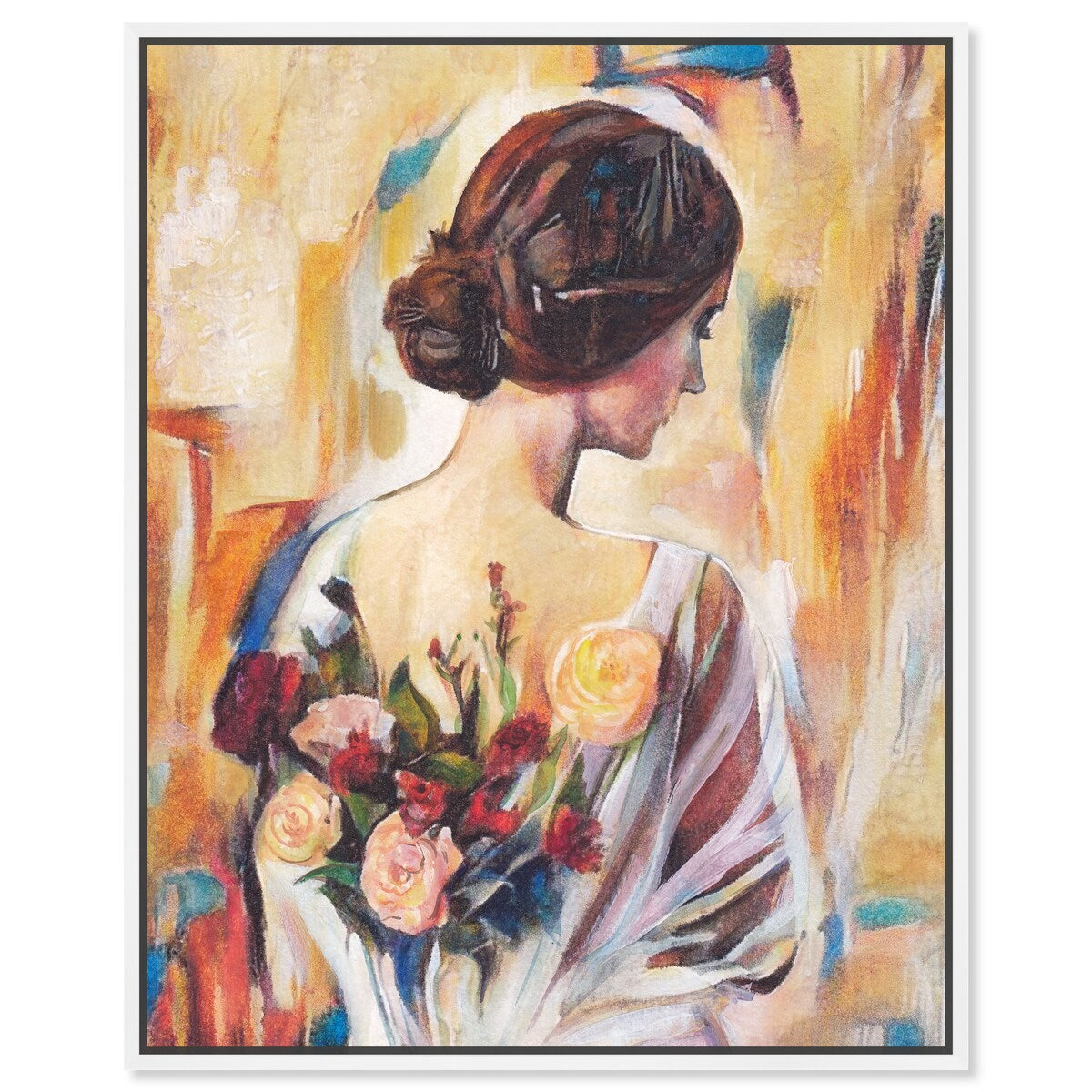 Modern White Framed Canvas Wall Art Print - Floral Back and Flowers Design for Women, Elegant Home Decor for Bedroom, Living Room & Office
