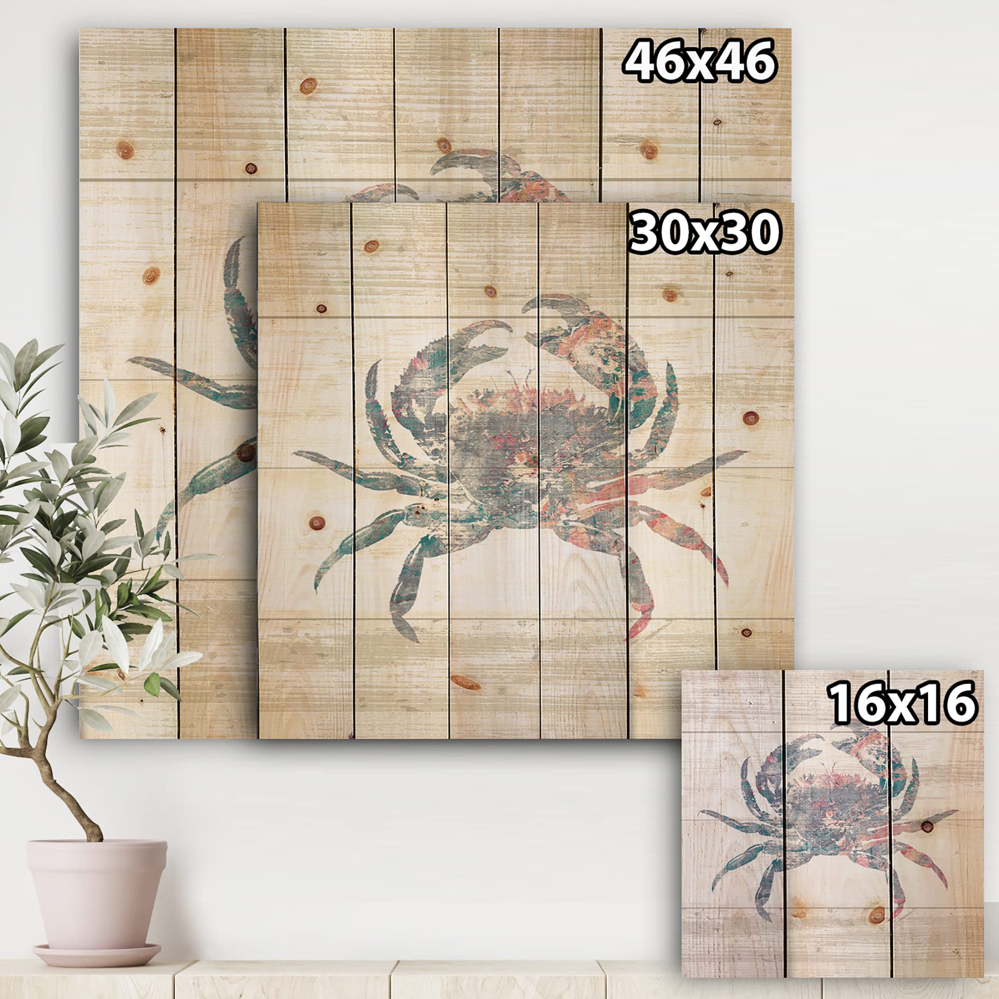 Pink Crab Ocean Life Nautical & Coastal Wood Wall Decor - Blue Wooden Wall Art with Large Animal Prints on Natural Pine Wood - Perfect for Beach House, Coastal Living Room or Nautical Nursery Decor
