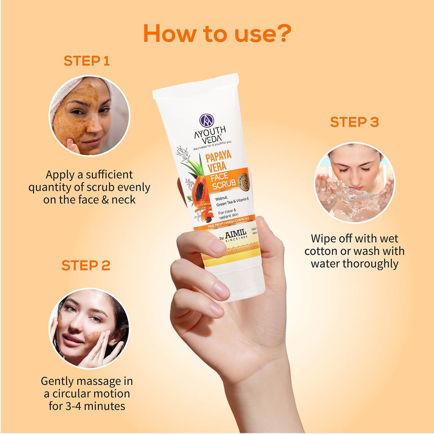 Ayouthveda Papaya Vera Face Scrub with Walnuts, Green Tea & Vitamin E - 100gm Exfoliating Cleanser for Radiant, Glowing Skin - Perfect for Daily Skincare Routine & Acne-Prone Skin
