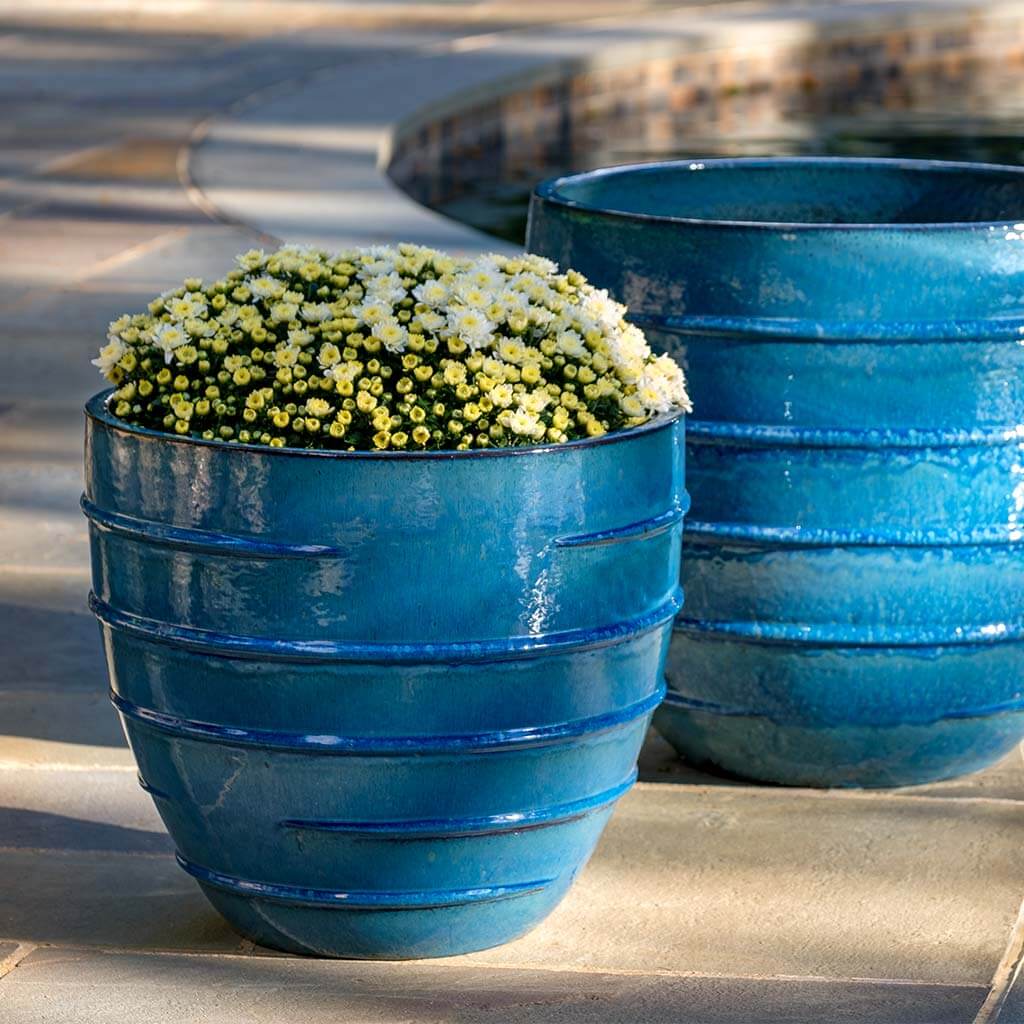 Campania International Logis Short Cerulean Blue Planter Set of 2 - Perfect for Indoor Herb Gardens & Windowsill Decor