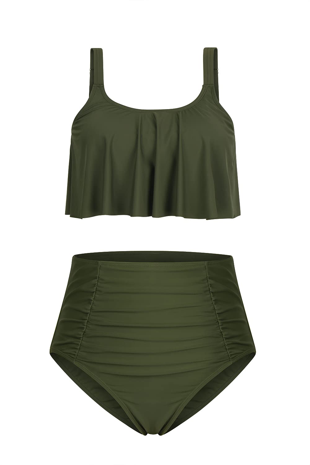Selowin Women's Plus Size Ruffle Tankini High Waisted Bikini Set - 2 Piece Swimwear for Beach, Pool & Vacation | Flattering Swimsuits for Curvy Women