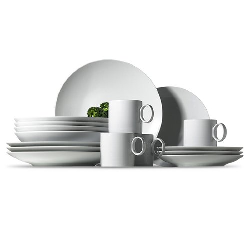 Loft 11900-800001-18842 16-Piece Dinnerware Set - 4 Breakfast Plates, 4 Flat Plates, 4 Soup Bowls & 4 White Ceramic Mugs - Complete Table Setting for Family Meals, Brunch & Entertaining