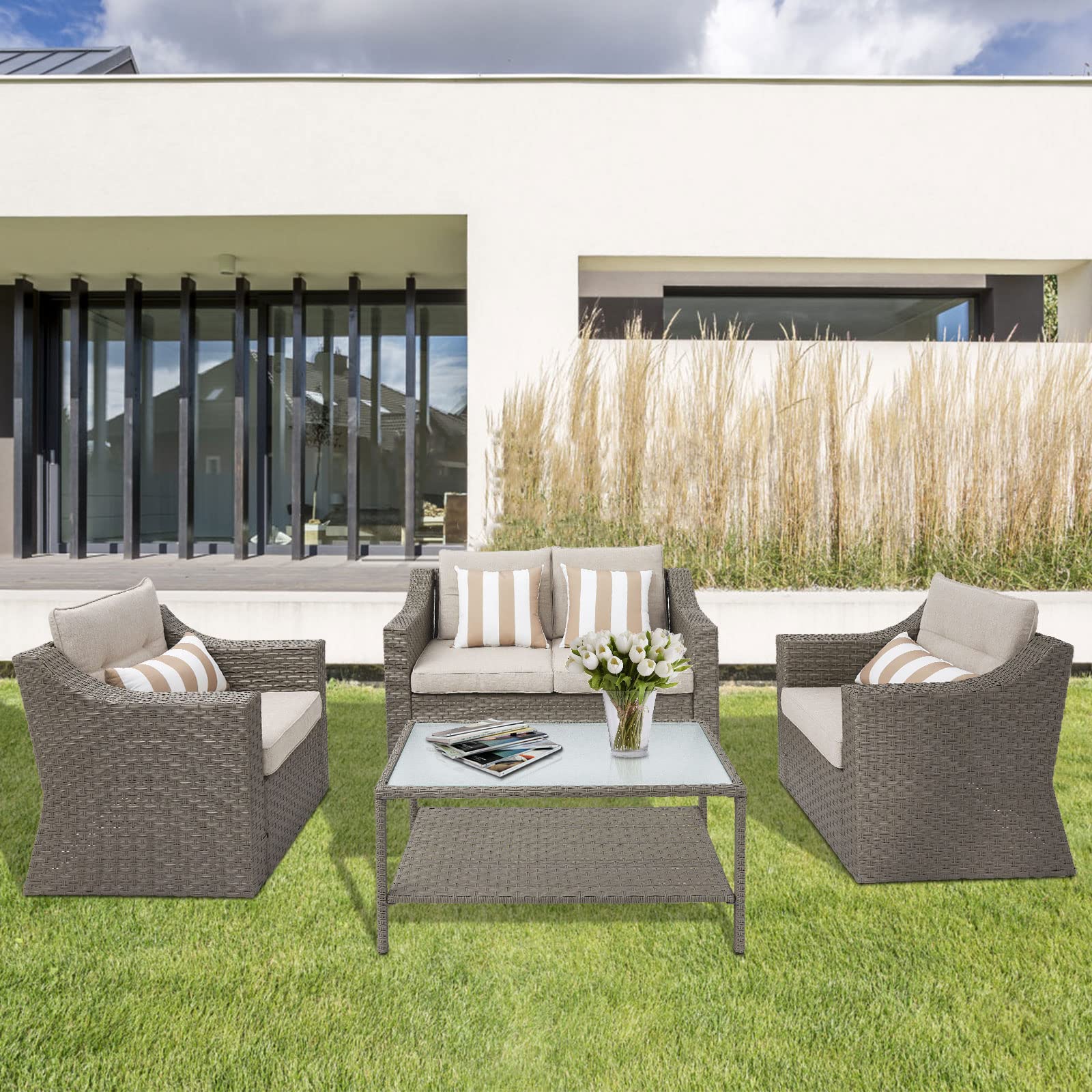 **Crownland 4-Piece Outdoor Patio Furniture Set - All-Weather Wicker Sofa with Beige Cushions & Tempered Glass Coffee Table (Grey) - Perfect for Garden, Poolside, and Backyard Relaxation**