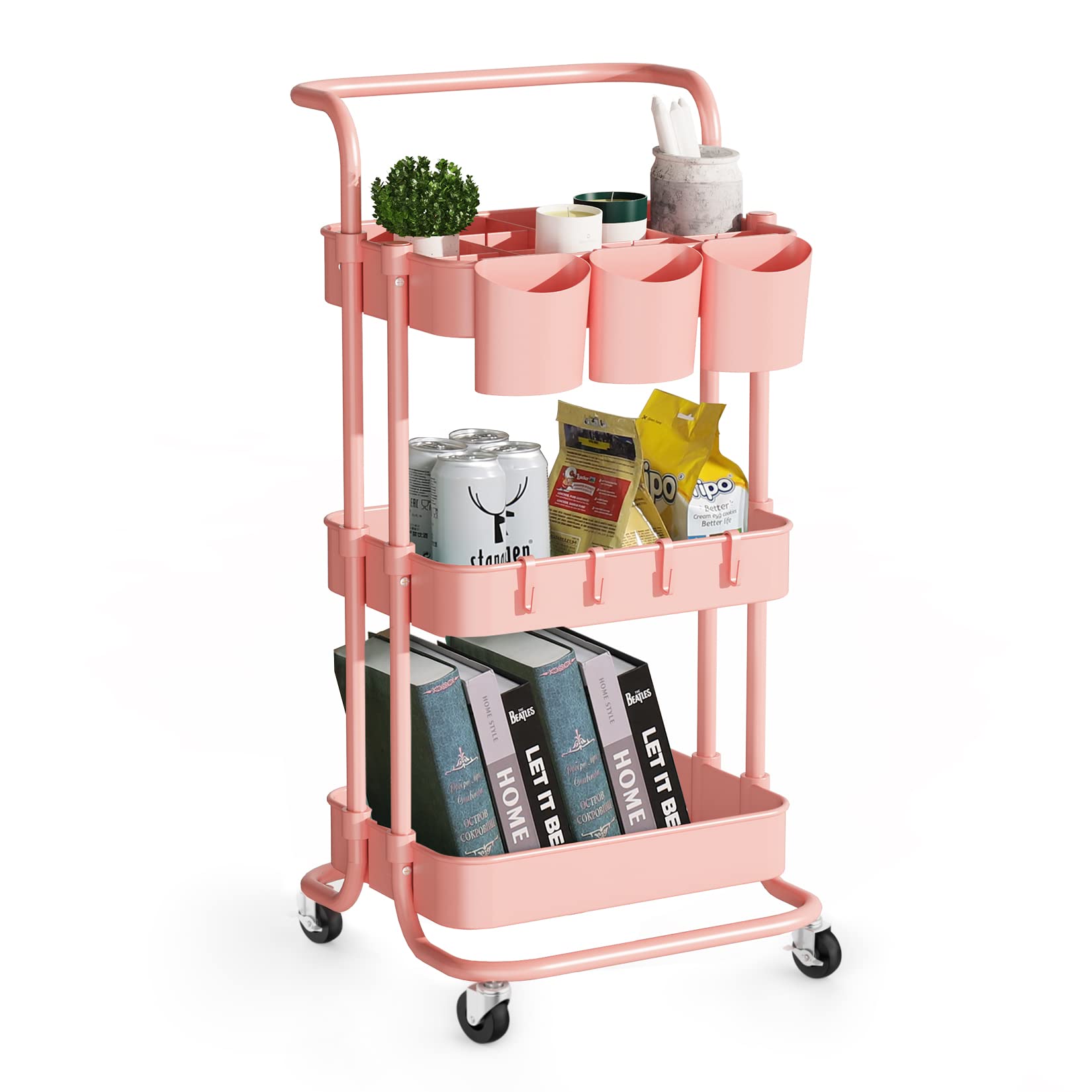 ALVOROG 3-Tier Rolling Utility Cart with Wheels - Mobile Storage Organizer with Hanging Cups for Kitchen, Office, Coffee Bar, Salon & Bathroom - Pink Multi-Purpose Service Cart for Home & Commercial Use
