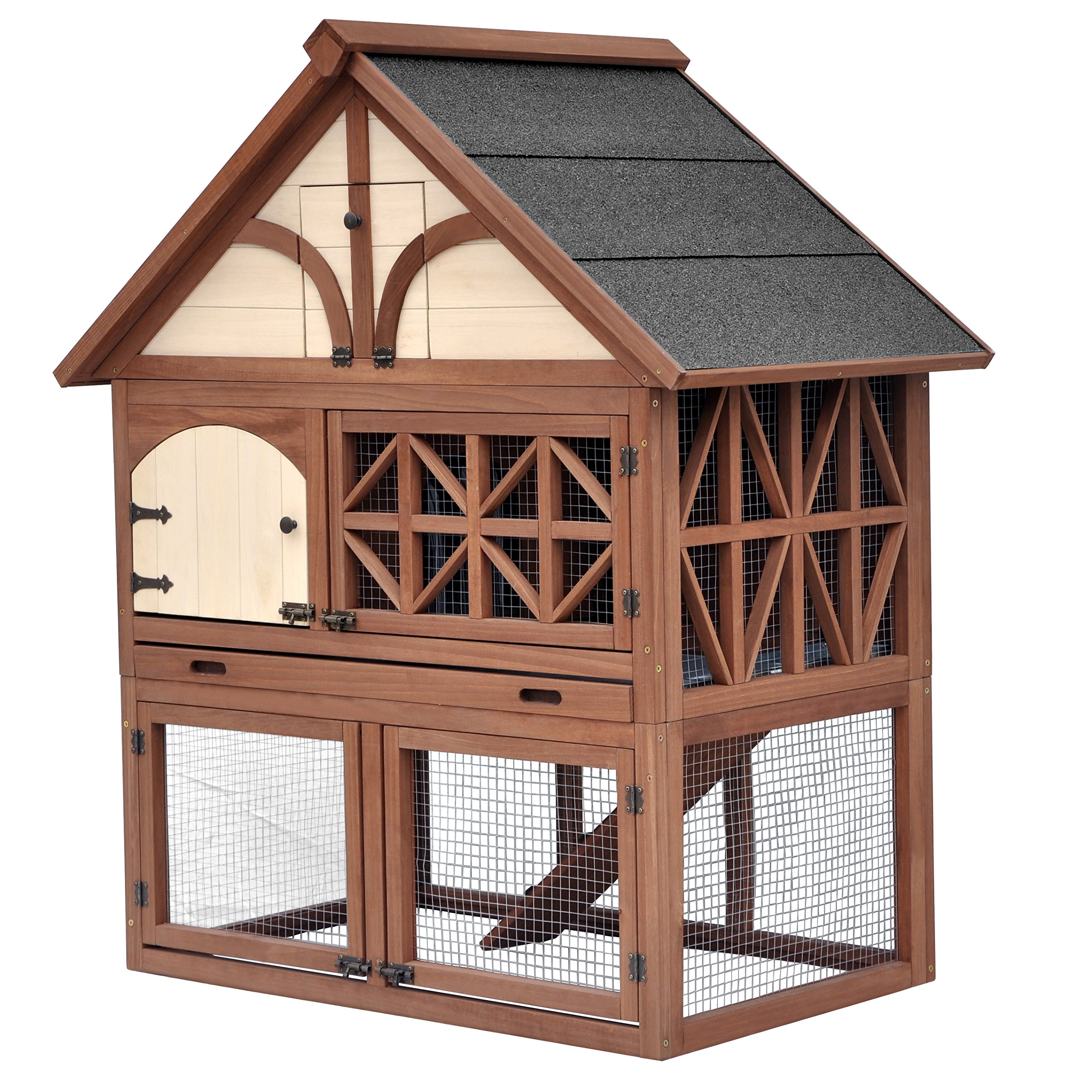 Merry Pet Tudor Rabbit Hutch - Outdoor Wooden Bunny Cage with Waterproof Roof & Ramp for Small Animals - Perfect for Backyard, Garden, or Patio Rabbit Housing