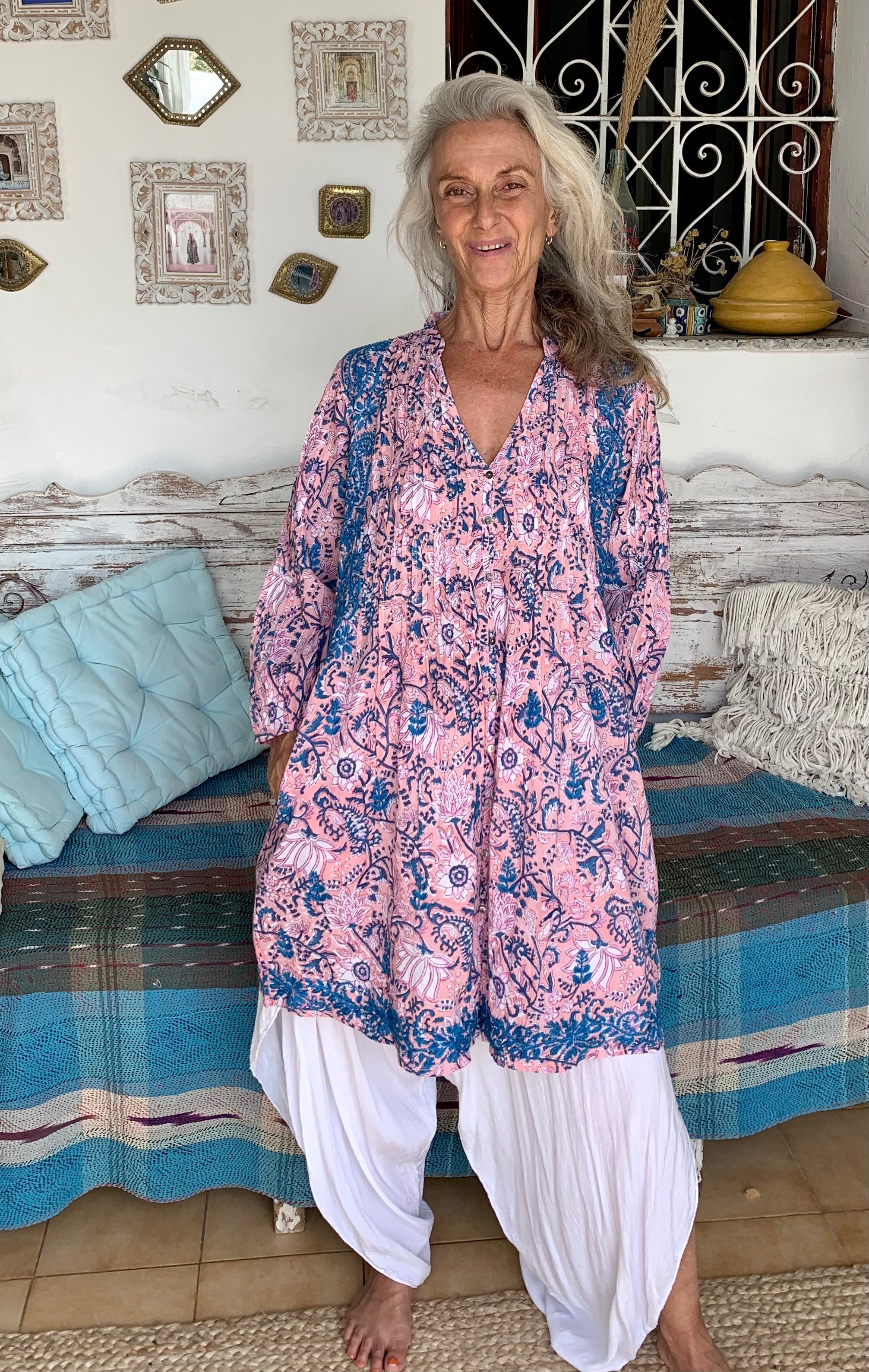 Brazilian Block Print Tunic in Rosa and Blue - Stylish Boho Summer Dress for Beach, Vacation & Casual Outings