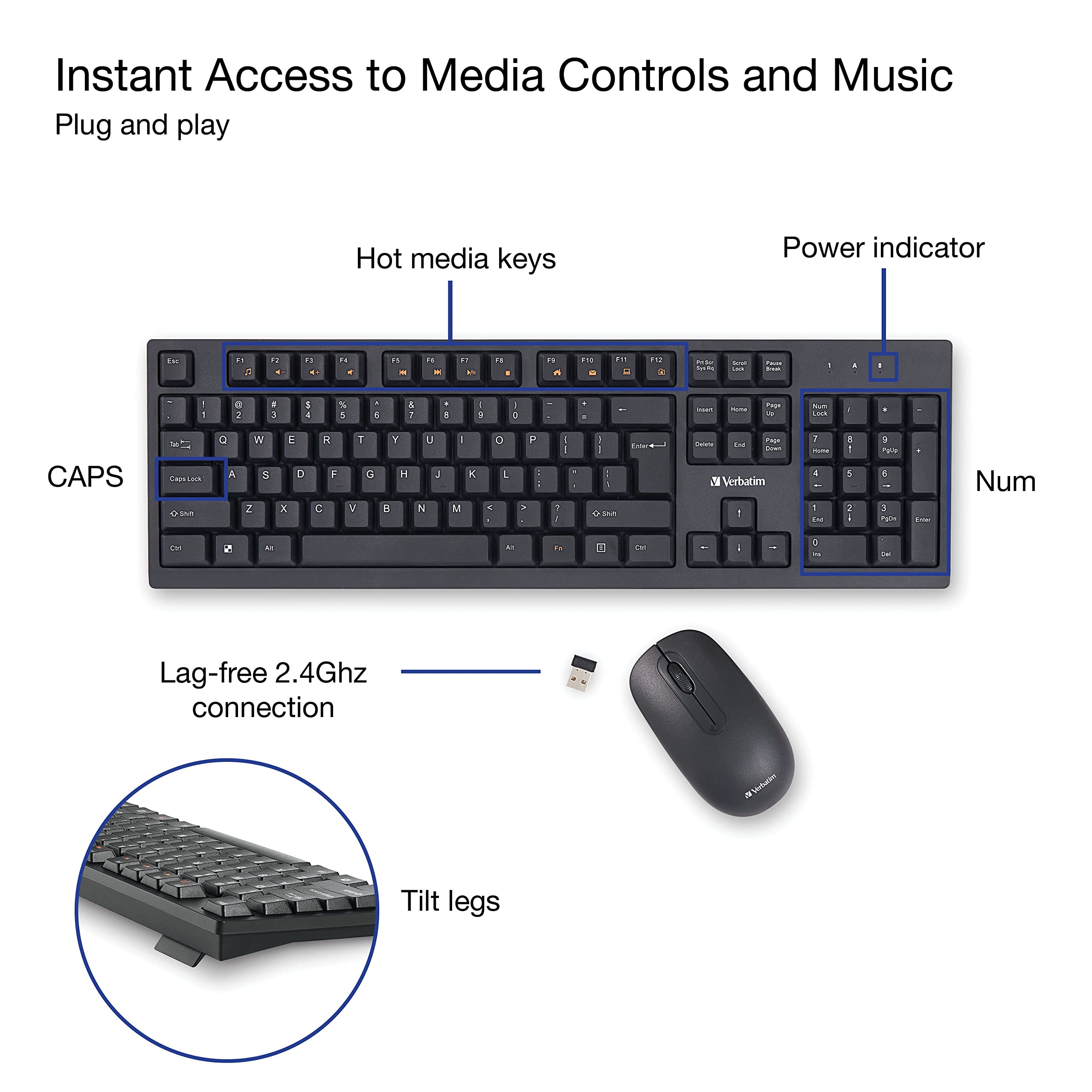 Verbatim Slimline Wireless Keyboard and Mouse Combo - 2.4GHz USB Plug & Play with Numeric Keypad, Adjustable Tilt Legs & Optical Mouse | Full-Size Ergonomic Design for PC & Laptop (Model 70741) | Perfect for Office Work, Gaming & Home Computing