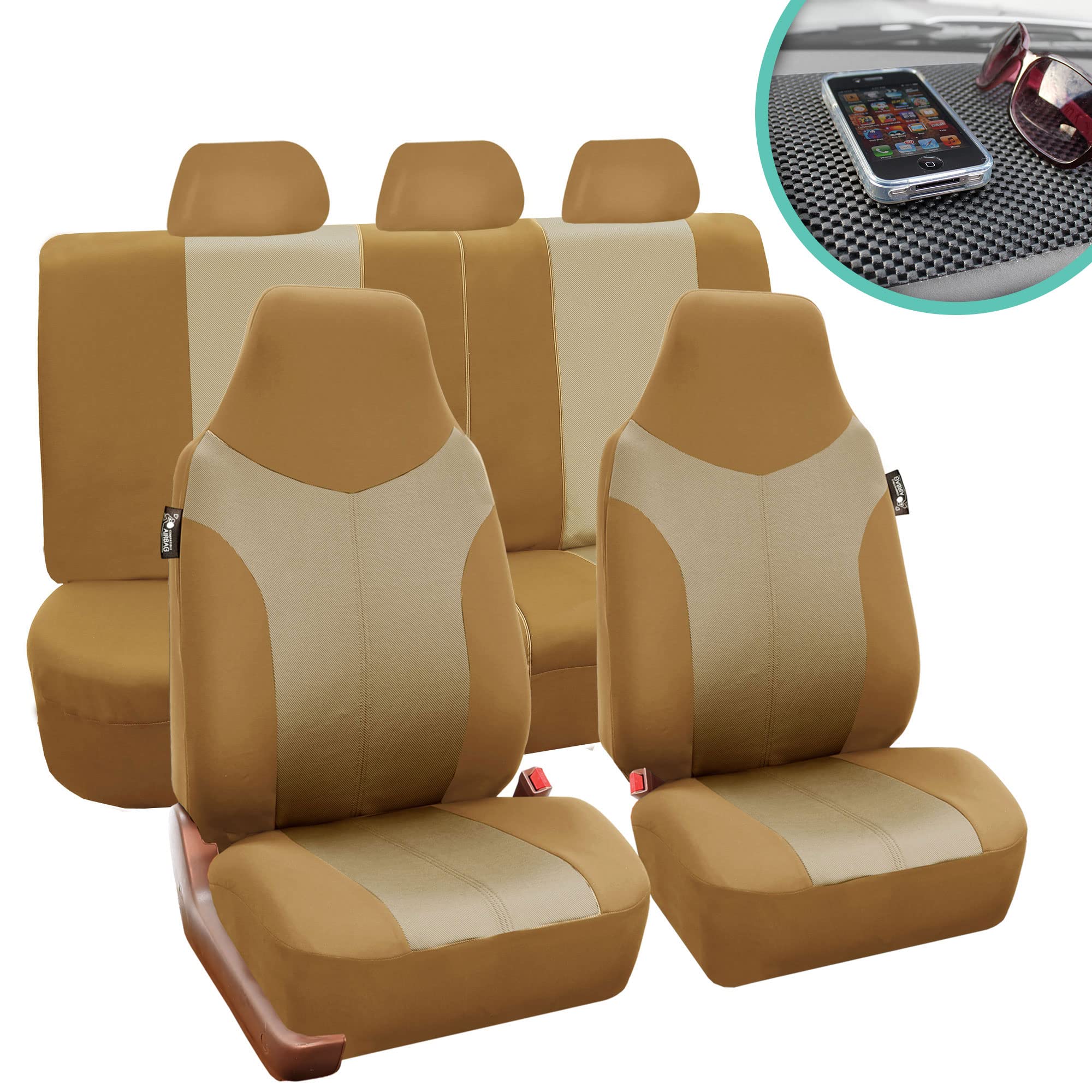 FH Group Universal 1-Piece Car Seat Covers - Premium Beige Twill Fabric, Front Split Bench & Rear Seat Protection | Airbag Compatible, Non-Slip Grip for SUVs & Sedans | Perfect for Daily Commutes, Road Trips & Family Protection