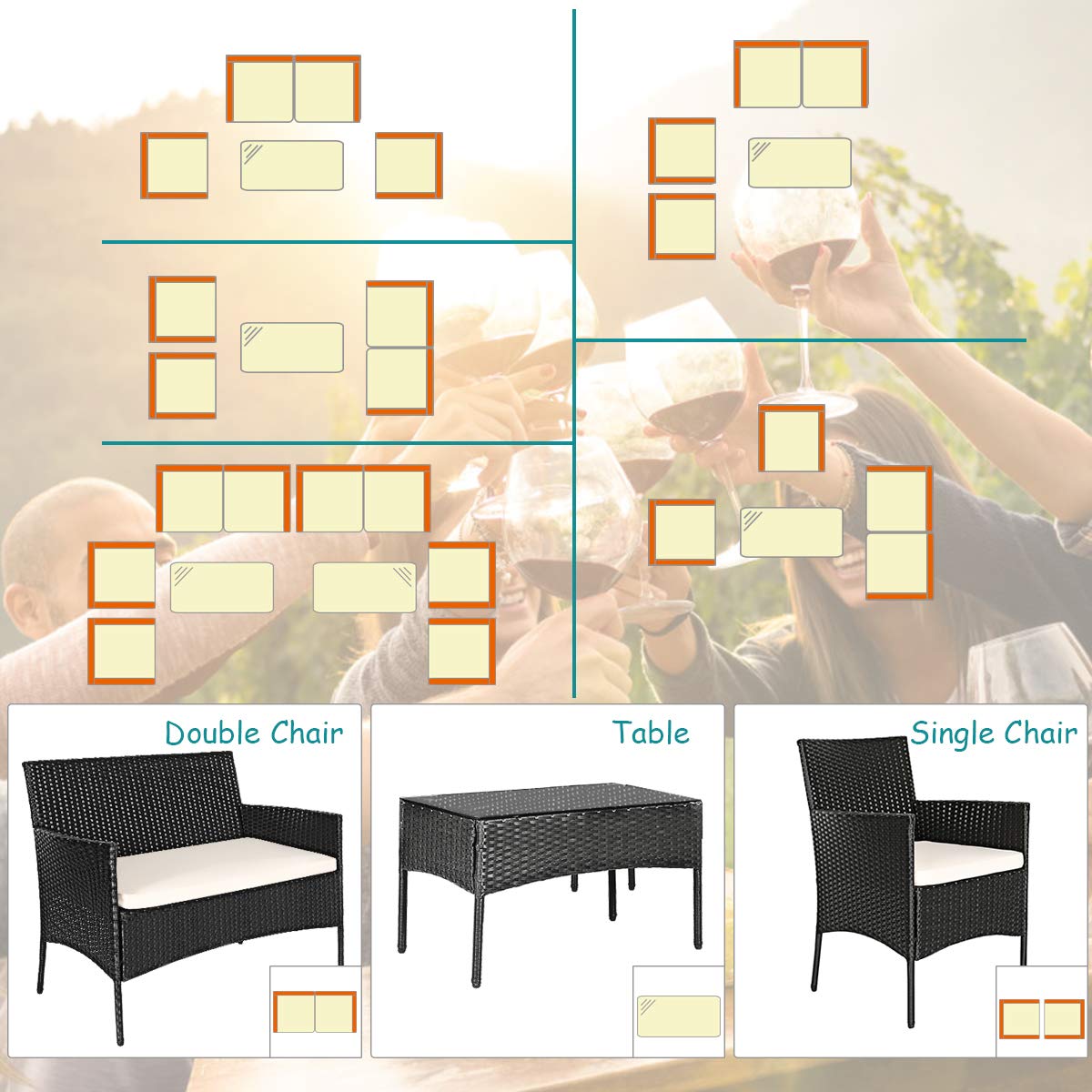 RELAX4LIFE 4-Piece Outdoor Wicker Furniture Set - Rattan Patio Conversation Set with Cushioned Chairs, Loveseat & Coffee Table - Beige Wicker Patio Set for Poolside, Balcony, Garden or Backyard Relaxation