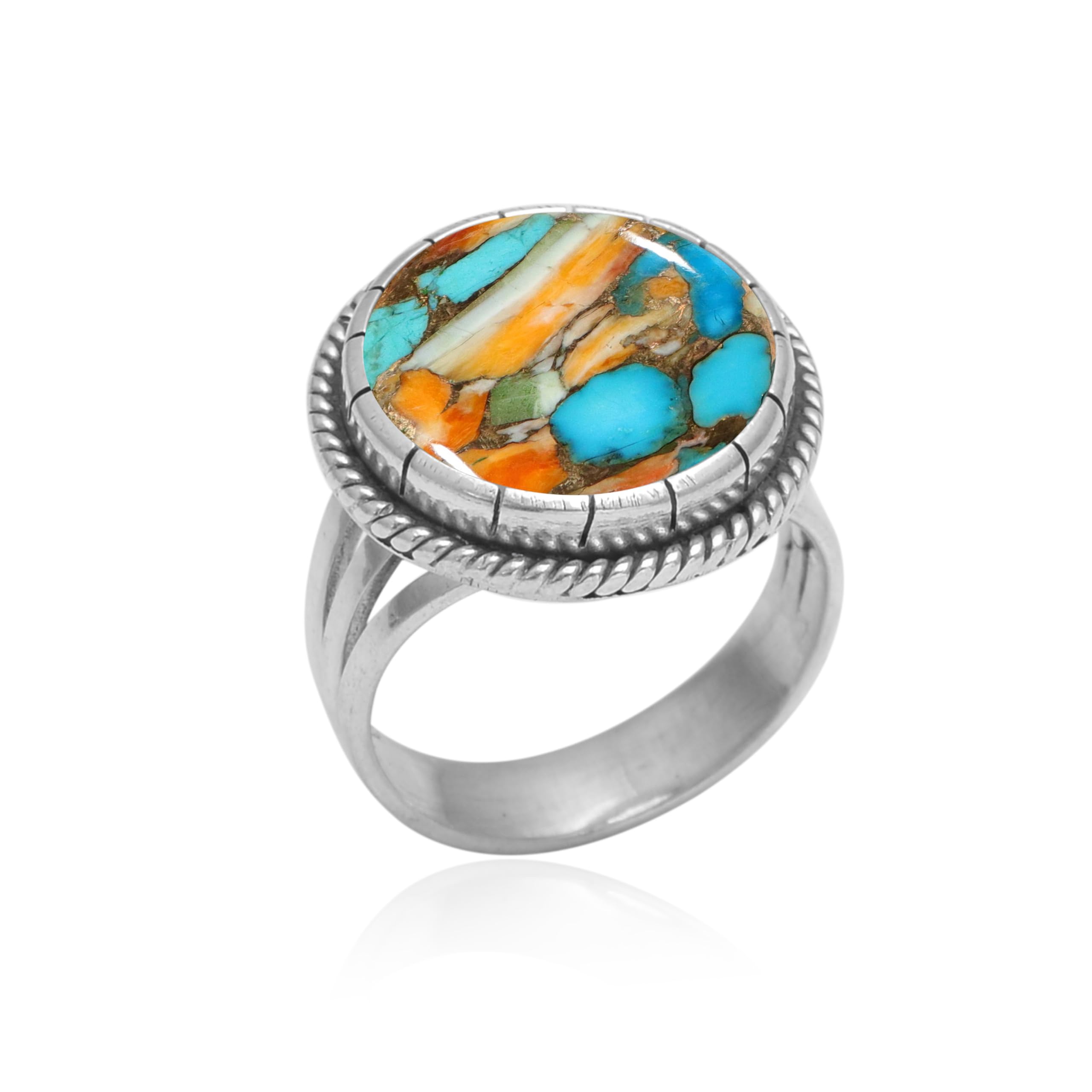 Veracity Jewelry 925 Sterling Silver Oyster Copper Turquoise Rings for Women - Kingman Mojave Mohave Spiny Oyster Healing Meditation Jewelry - Multi Color Turquoise Rings - VSR-615 - Perfect for Boho Style, Spiritual Healing & Fashion Accessories