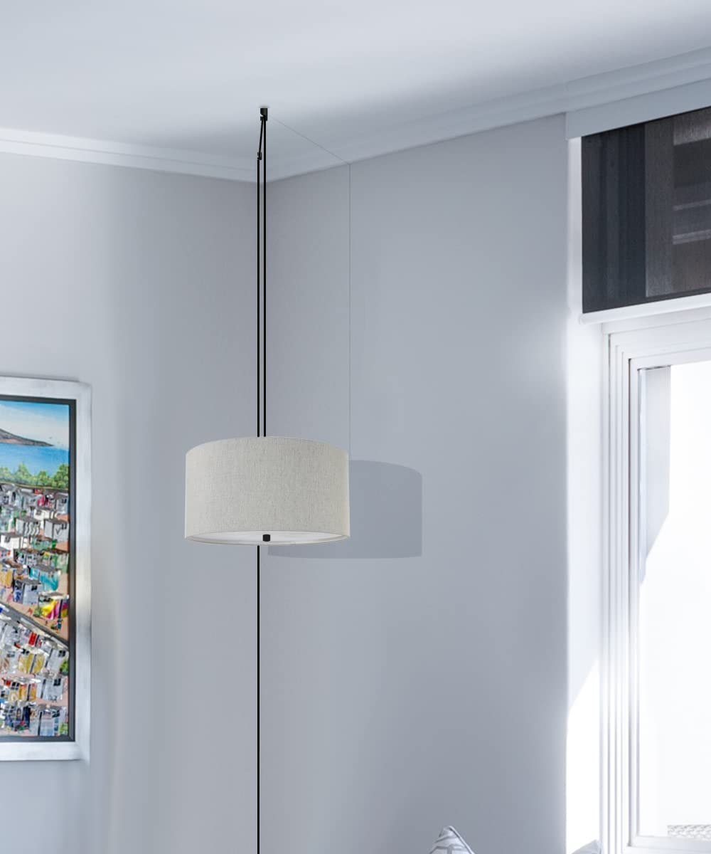 HomeConcept 2-Light Plug-in Swag Pendant with Diffuser - 14 Inch Textured Oatmeal Shade & Black Cord - Perfect for Kitchen Island, Dining Room or Bedroom Lighting