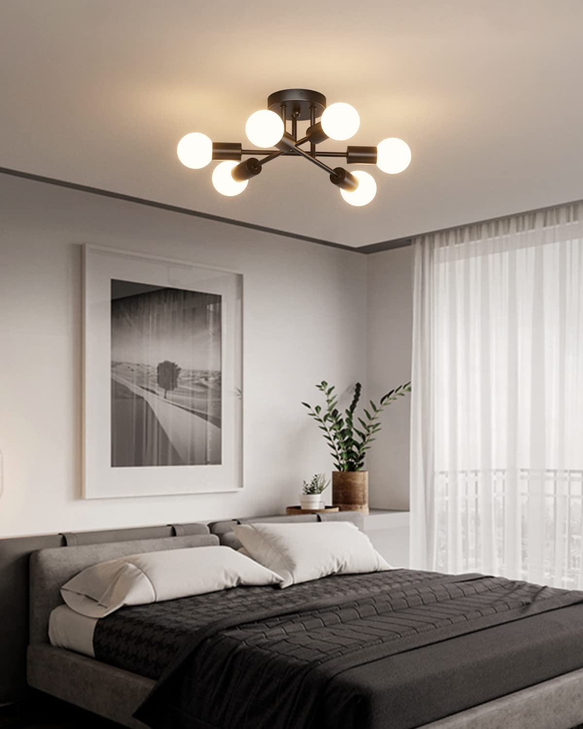 Tipace Modern Semi Flush Mount 6-Light Sputnik Chandelier - Contemporary Ceiling Light Fixture for Bedroom, Dining Room, Kitchen, Living Room & Home Office (Bulb Not Included) | Perfect for Modern Home Decor & Ambient Lighting
