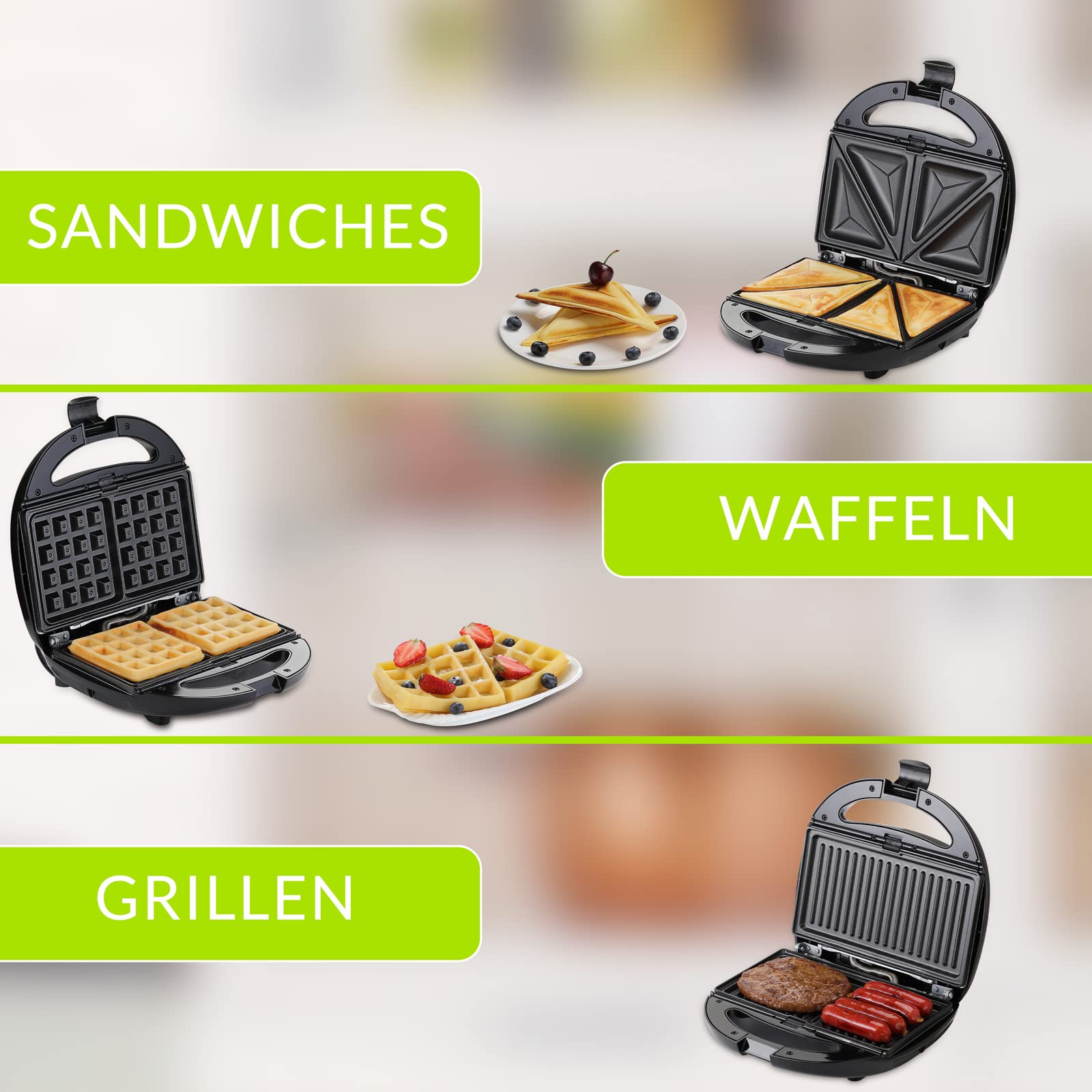 MONZANA® 3-in-1 XL Electric Contact Grill - 800W Non-Stick Surface with Safety Lock, Sandwich Maker, Waffle Iron & Panini Press - Perfect for Breakfast, BBQ Parties & Family Gatherings