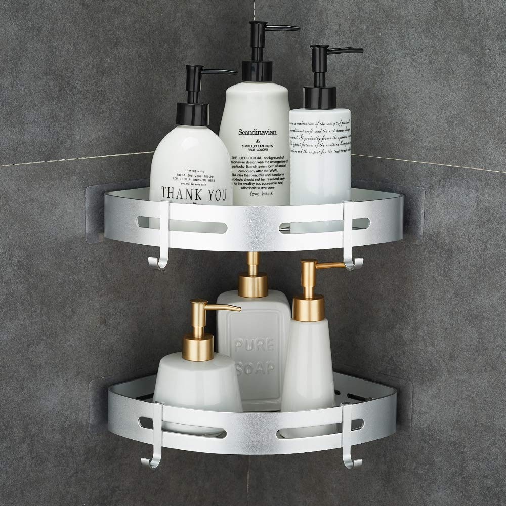 HOOMTAOK No-Drill 2-Tier Corner Shower Shelf - Wall Mounted Adhesive Bathroom & Kitchen Storage Basket (Silver) - Perfect for Small Spaces, Organizing Toiletries, and Maximizing Shower Storage