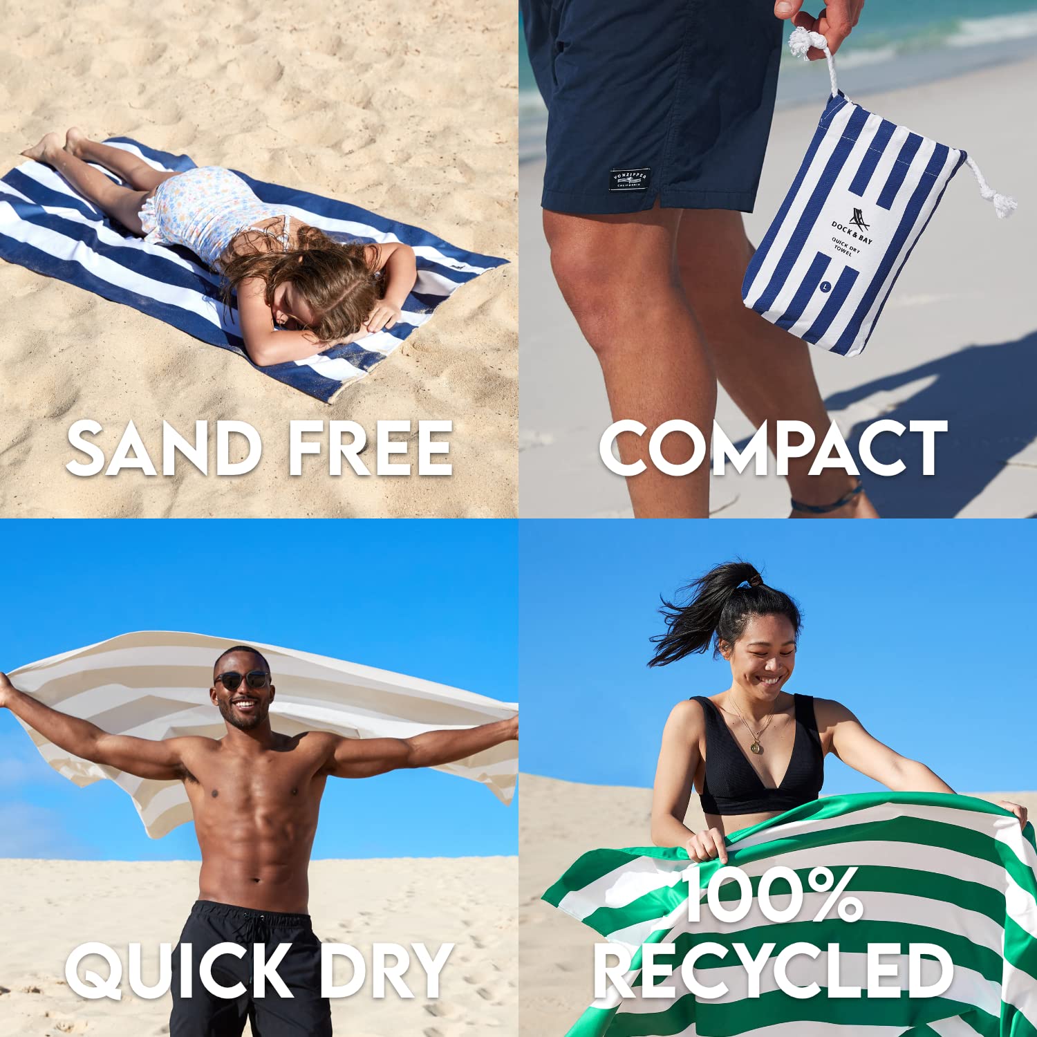 Dock & Bay Quick Dry Sand Free Beach Towel - Super Absorbent Lightweight Travel Towel for Swimming, Camping, Vacation - Eco Friendly 100% Recycled Materials with Carry Bag - Perfect for Beach, Pool, Gym & Outdoor Adventures