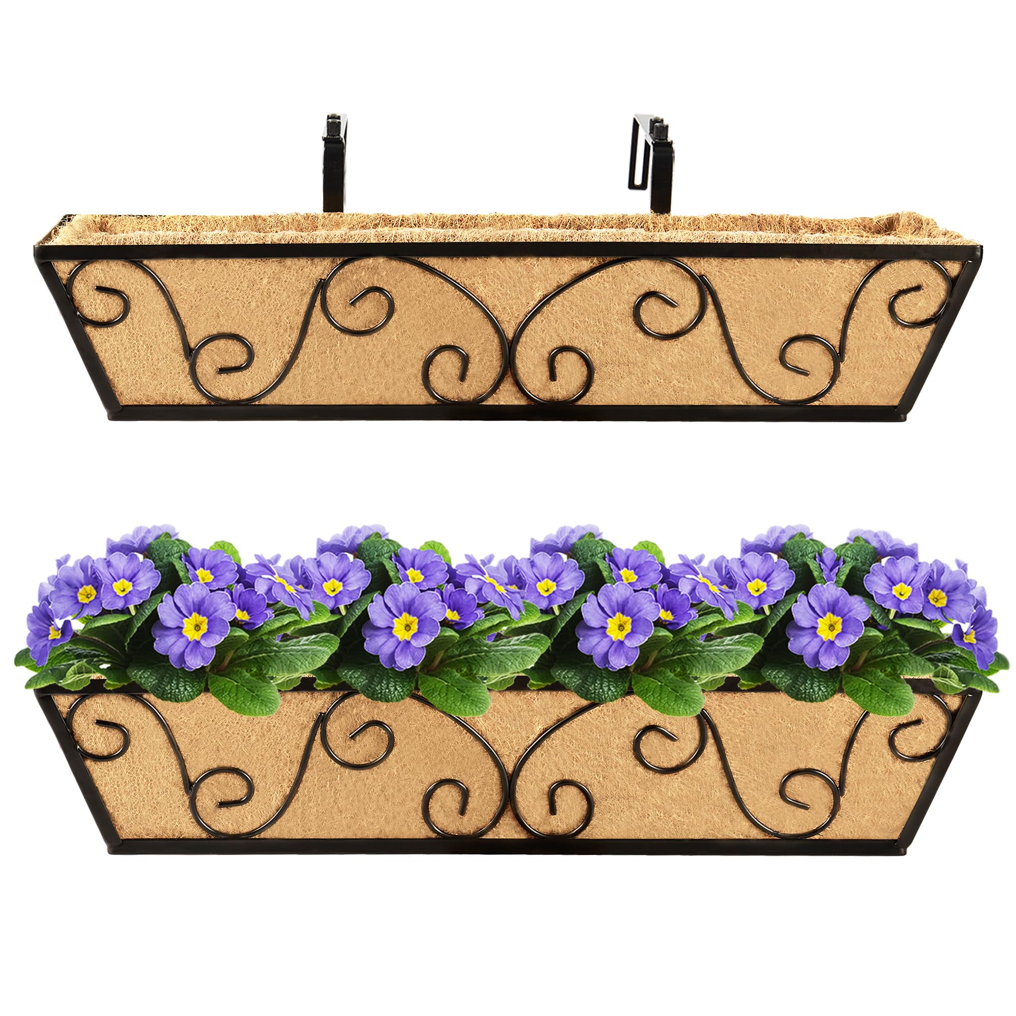 2 Pack 24 Inch Window Box Planter with Coco Liner - Metal Hanging Flower Basket for Deck, Railing, Indoor & Outdoor Use - Perfect for Herbs, Flowers, and Small Plants in Home Garden Decor