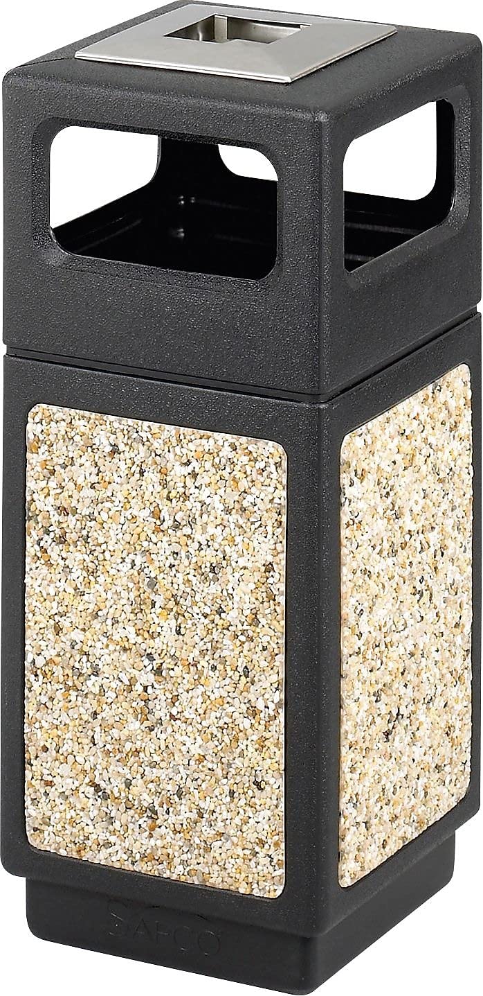 Safco Canmeleon 15-Gallon Commercial Trash Can - Durable Weather-Resistant Indoor/Outdoor Garbage Bin with Ashtray & Stone Panels (Black) - Perfect for Restaurants, Offices, Parks & Outdoor Events