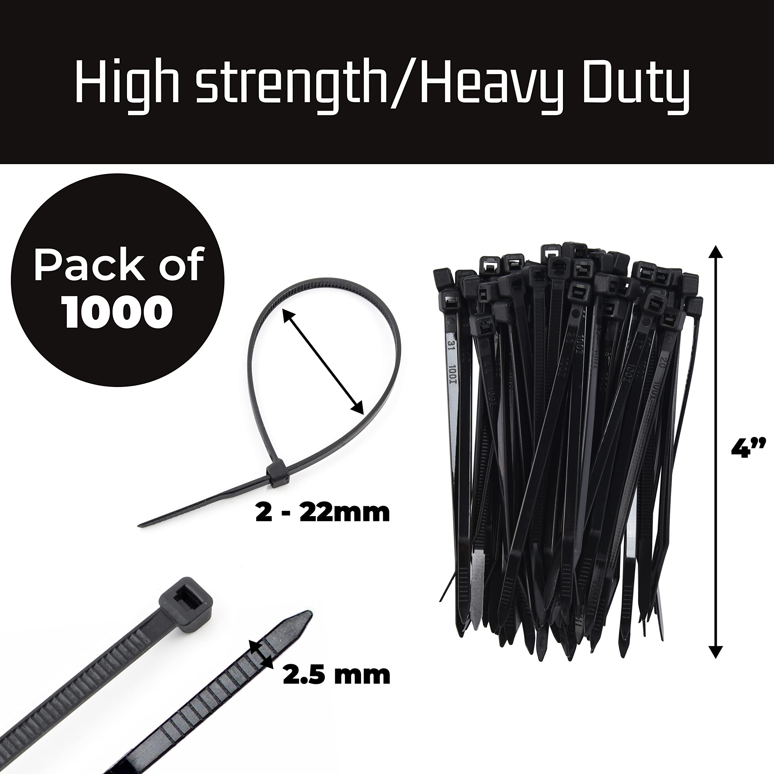 4 Inch Heavy Duty Zip Ties - 8lbs Tensile Strength Self-Locking Nylon Cable Ties (1000 Pack) for Indoor & Outdoor Use - Perfect for Organizing Cables, Bundling Wires & Securing Items