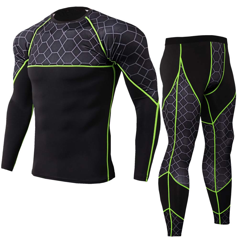 NatureT Men's Compression Pants & Long Sleeve Baselayer Shirt - Moisture Wicking Athletic Workout Set for Running, Gym & Fitness Training