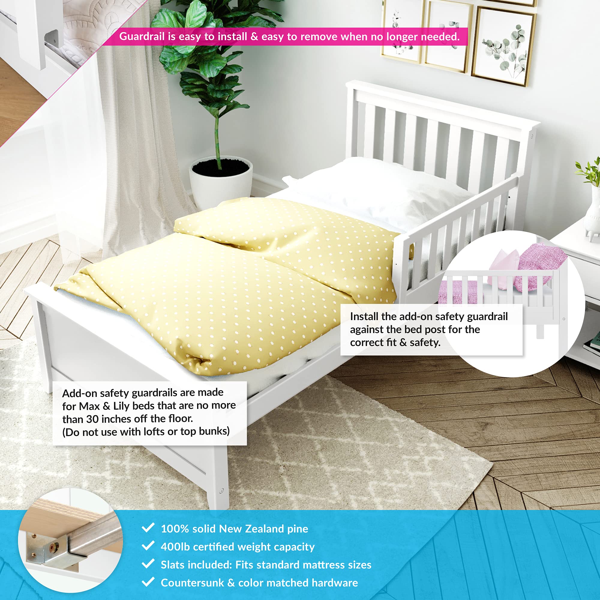 Max & Lily Twin Bed Frame with Headboard - White Wooden Slatted Design with Safety Guard Rail for Kids | Perfect for Bedrooms, Playrooms & Sleepovers