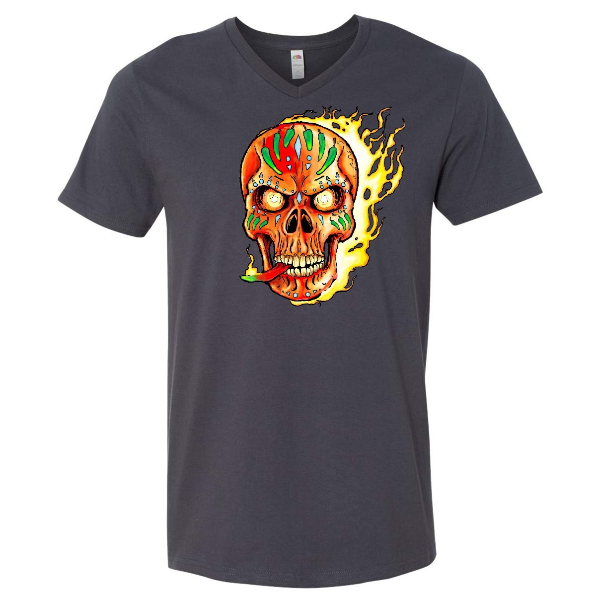 Inktastic Hot Sauce Hot Pepper Skull ON FIRE Men's V-Neck T-Shirt - Spicy Food Lover Gift, Skull Design Graphic Tee for Casual Wear & Halloween Costume