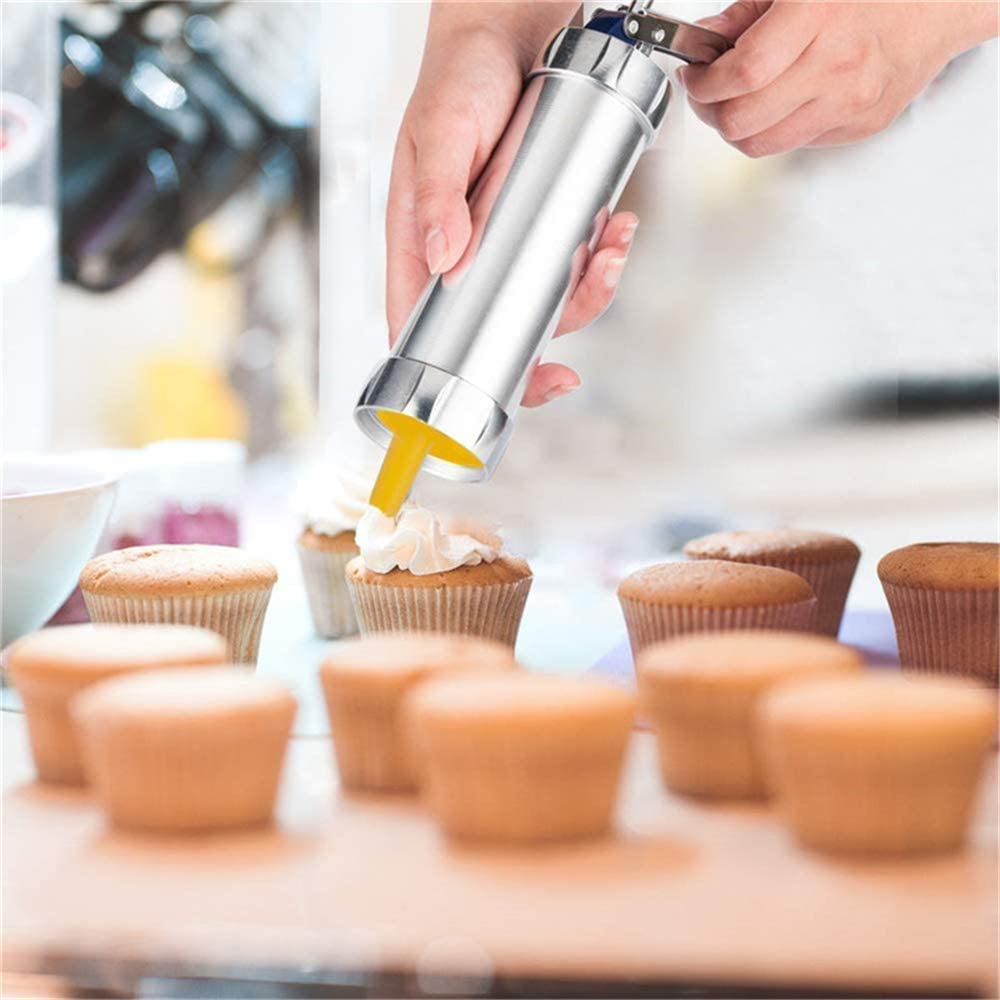 Stainless Steel Cookie Press Gun with 20 Cookie Mold Discs & 4 Piping Nozzles - Spritz Cookie Maker & Icing Decorating Kit for Baking, DIY Biscuits, Cake Decor (Silver) | Perfect for Holiday Cookies, Wedding Desserts & Home Baking Gifts