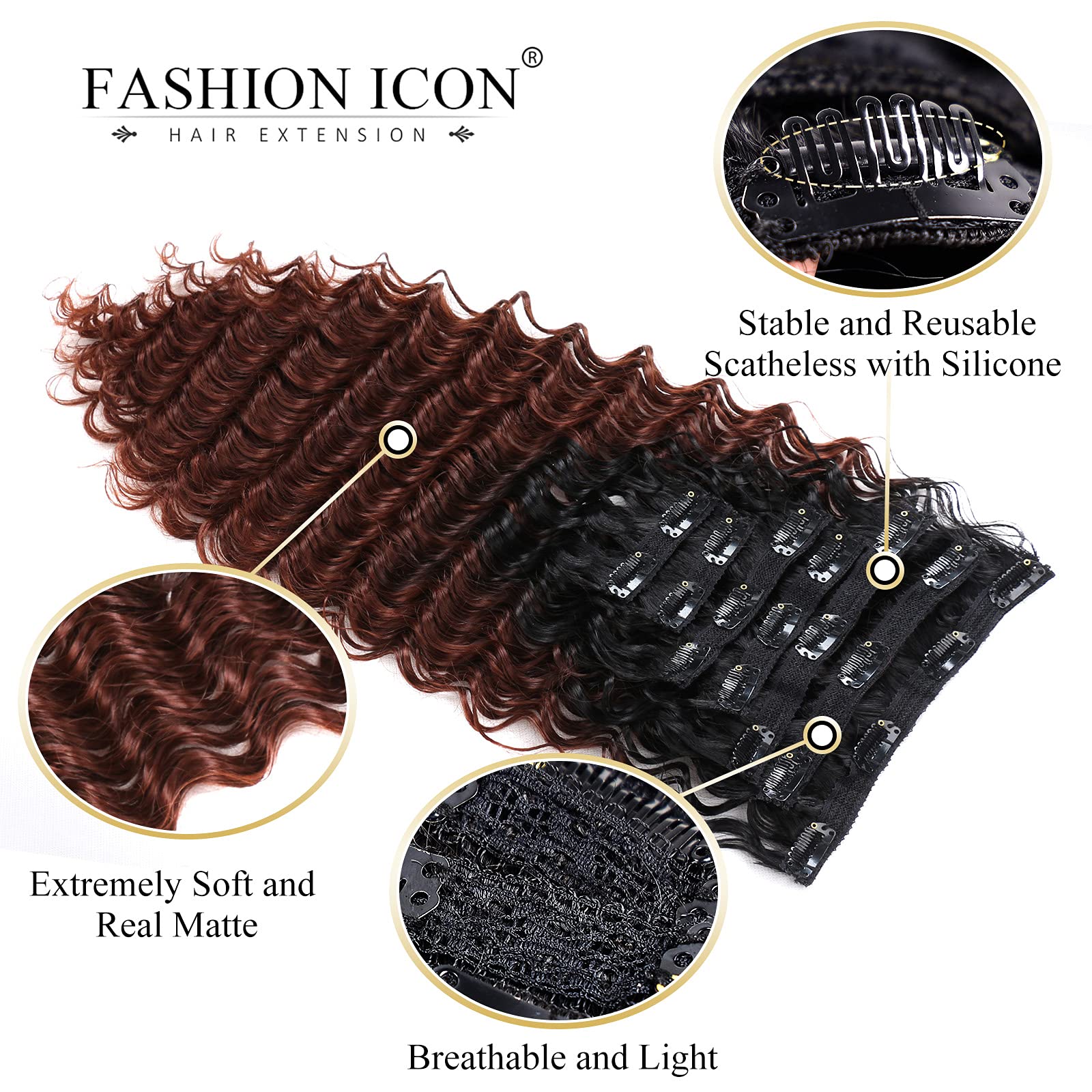 24 Inch Deep Wave Clip-In Hair Extensions - Human Hair Feel, Double Weft, Thick Ombre Synthetic Hairpiece for Women - Natural Looking (T1B/33) | Perfect for Parties, Weddings & Everyday Styling