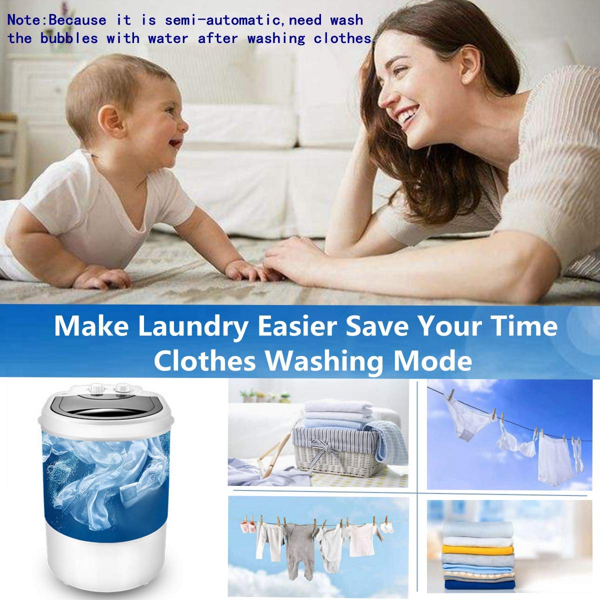 Portable Mini Washing Machine - Semi-Automatic 3-in-1 Washer for Clothes & Shoes with Spin Dry Function, 9.9 lbs Capacity - Perfect for Dorms, Apartments, RVs & Travel