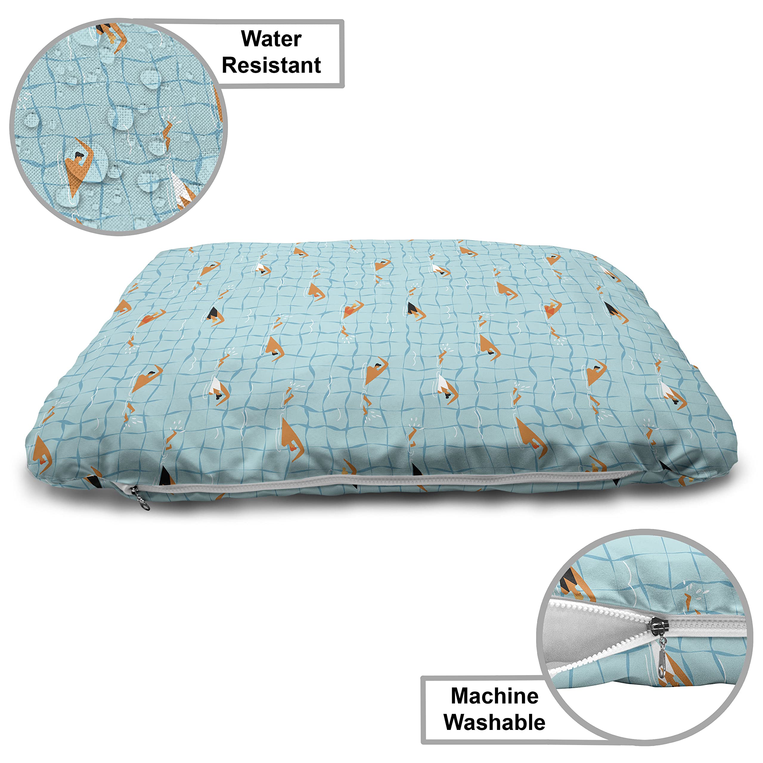 Lunarable Wooden Pet House for Dogs - Summer Outdoor & Indoor Portable Dog Kennel with Pillow and Cover, Medium Size, Dark Orange & Pale Blue, Pool Pattern Design - Perfect for Backyard, Patio, or Living Room Use