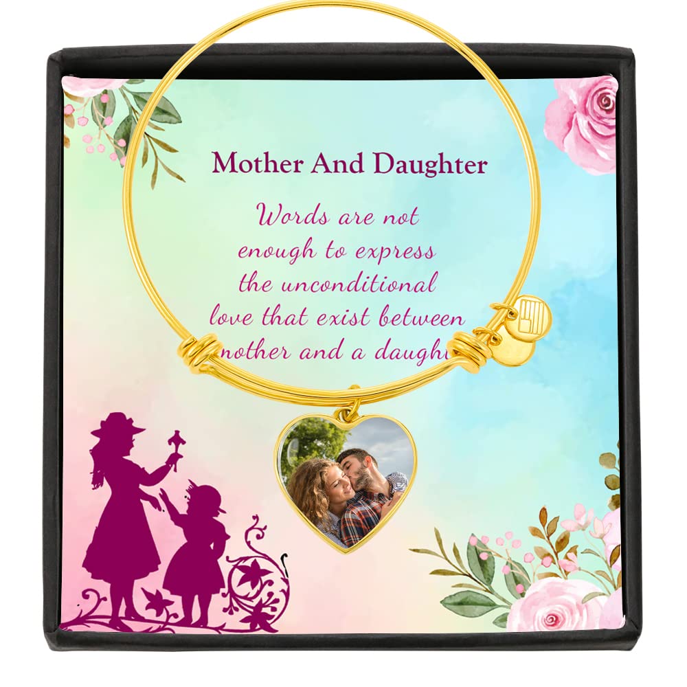 Custom Mother Daughter Bracelet Set - Personalized Heart Bangle with Engraved Message Card & Elegant Gift Box - Thoughtful Birthday Gift for Daughter, Mom, Sister - Perfect for Anniversaries, Graduations, and Special Occasions