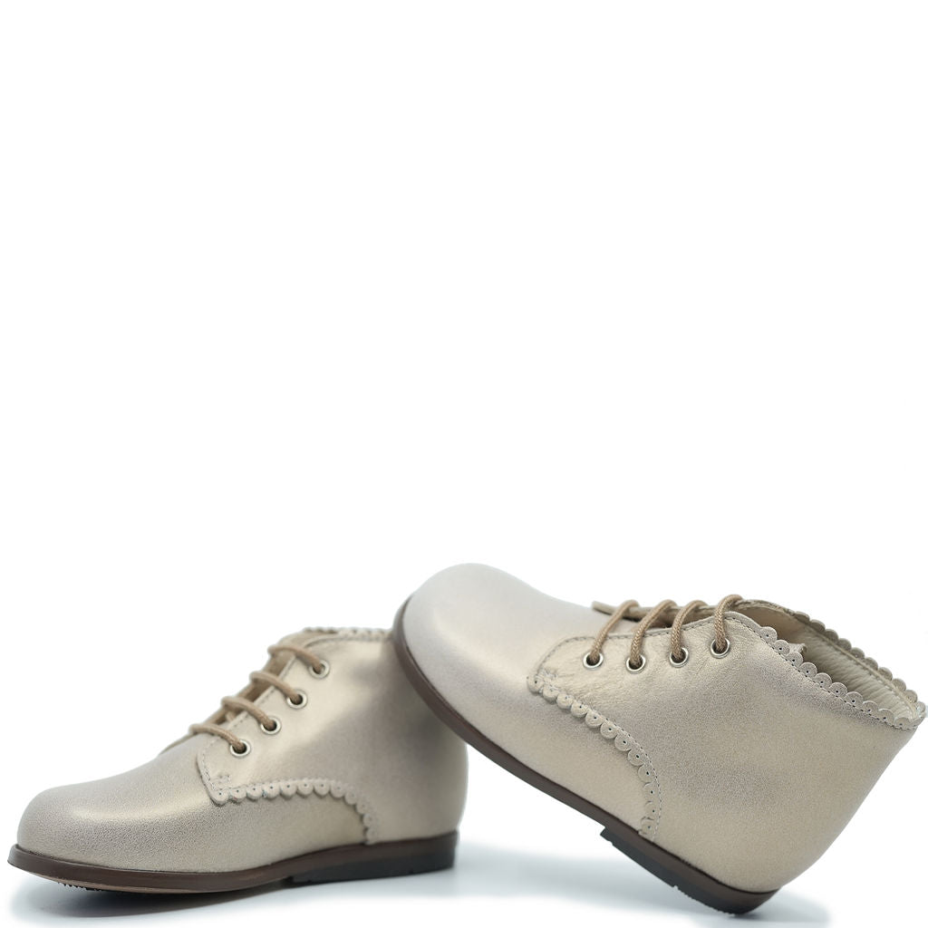 Beberlis Champagne Scalloped Baby Shoes - Soft Leather First Walkers for Newborns & Infants - Perfect for Special Occasions, Christenings & Photo Shoots