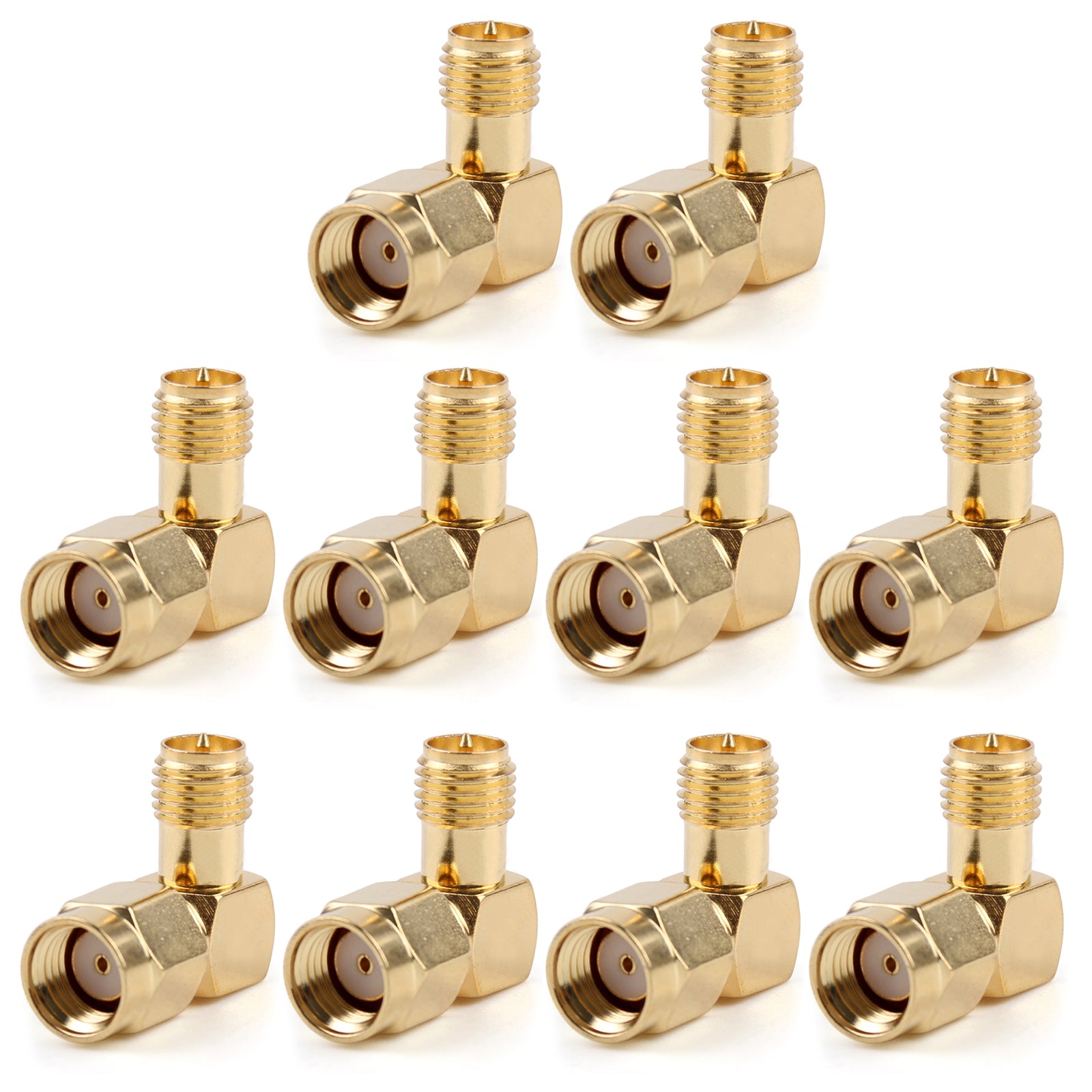 10-Pack 90 Degree RP-SMA Male to RP-SMA Female Right Angle Adapter Connector - for WiFi Antenna, Router, CCTV, Drone & RF Applications