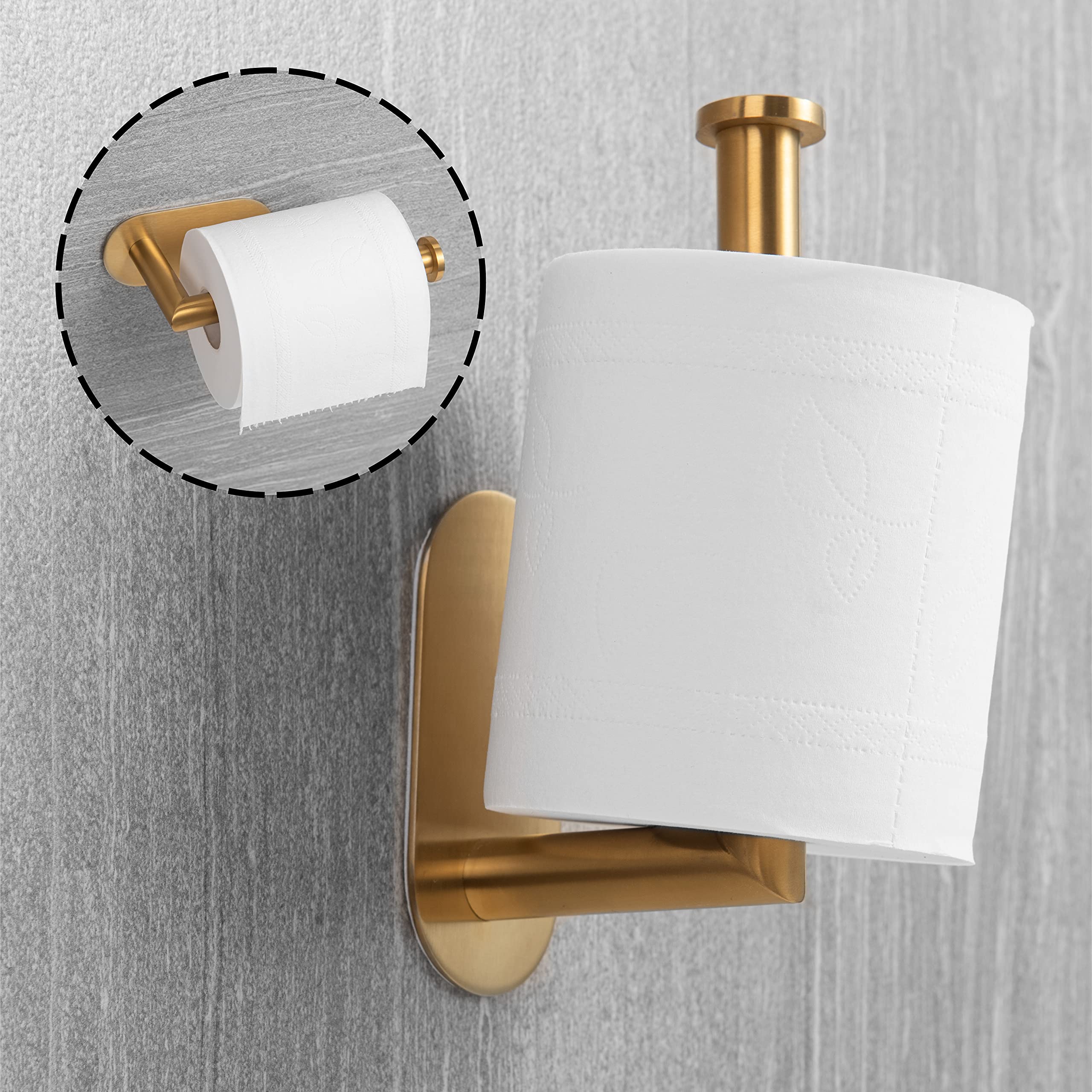 Stainless Steel Self-Adhesive Toilet Paper Holder - Gold Bathroom Wall Mount TP Roll Dispenser | Space-Saving & No Drill Installation for Small Bathrooms, RVs & Apartments