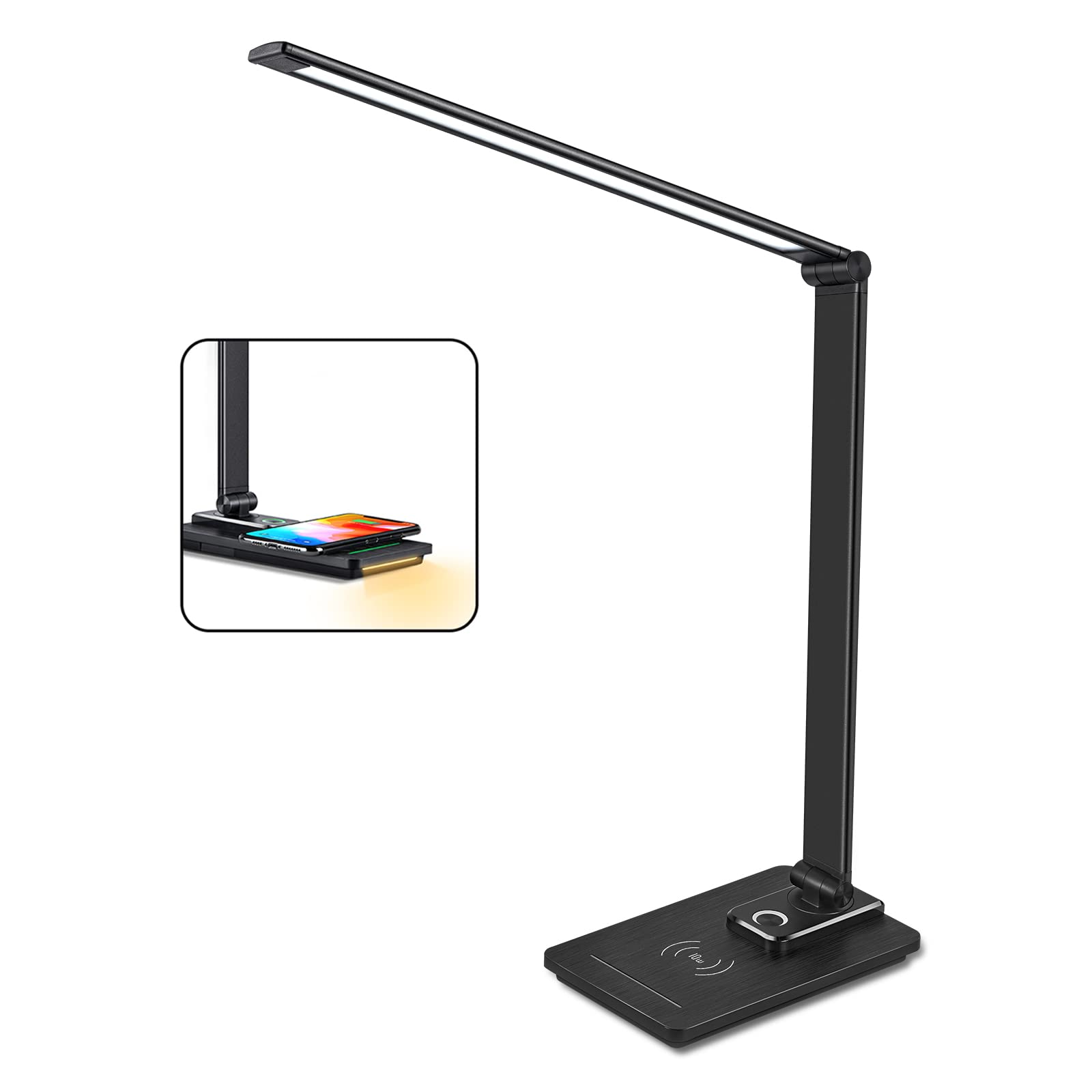 JOSTIC LED Desk Lamp with Fast Wireless Charger - 10 Brightness Levels & 5 Color Modes, USB Charging Port, Eye-Caring Natural Light for Reading - Perfect for Home Office, Study, Bedside Night Light (Black) | Ideal for Work, Reading, and Relaxation in Bedroom or Office