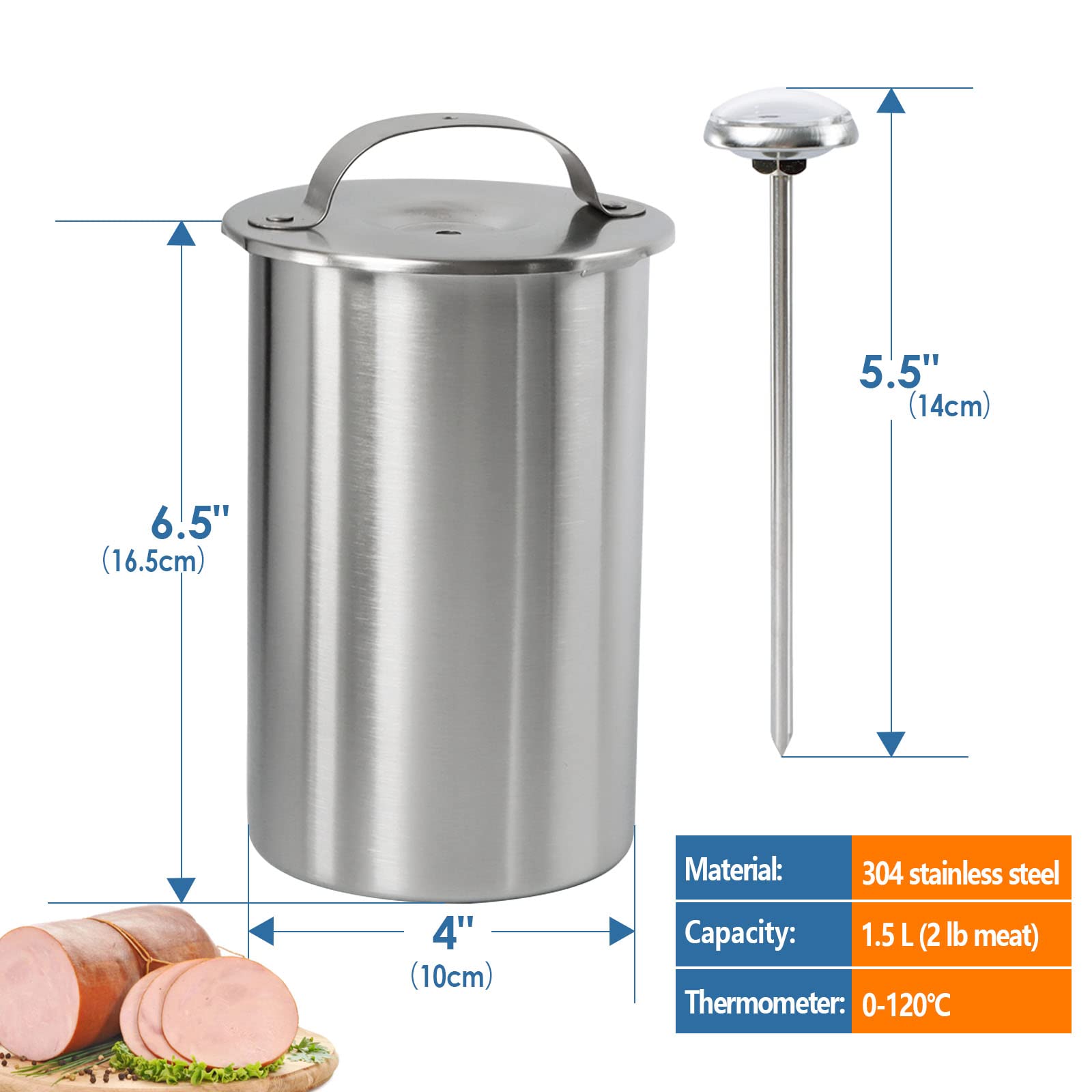 Premium Stainless Steel Ham Maker & Meat Press Cooker for Healthy Homemade Deli Meats - Includes Thermometer for Perfect Cooking - Ideal for Bacon, Sausages & Kitchen Pressure Cooking - Great for Home Chefs & Meal Prep