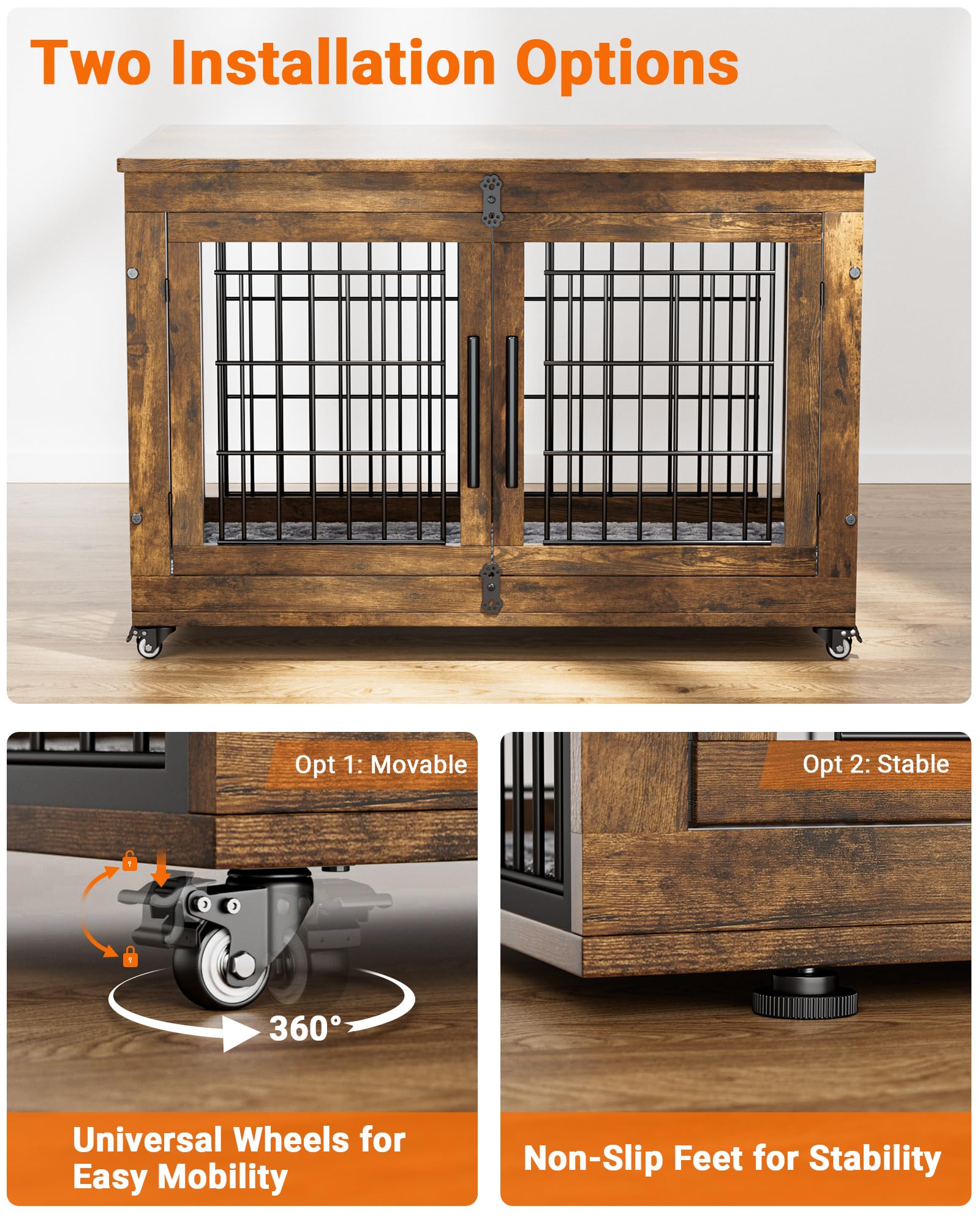 Rustic Brown Large Wooden Dog Crate Furniture with Cushion - 38.5